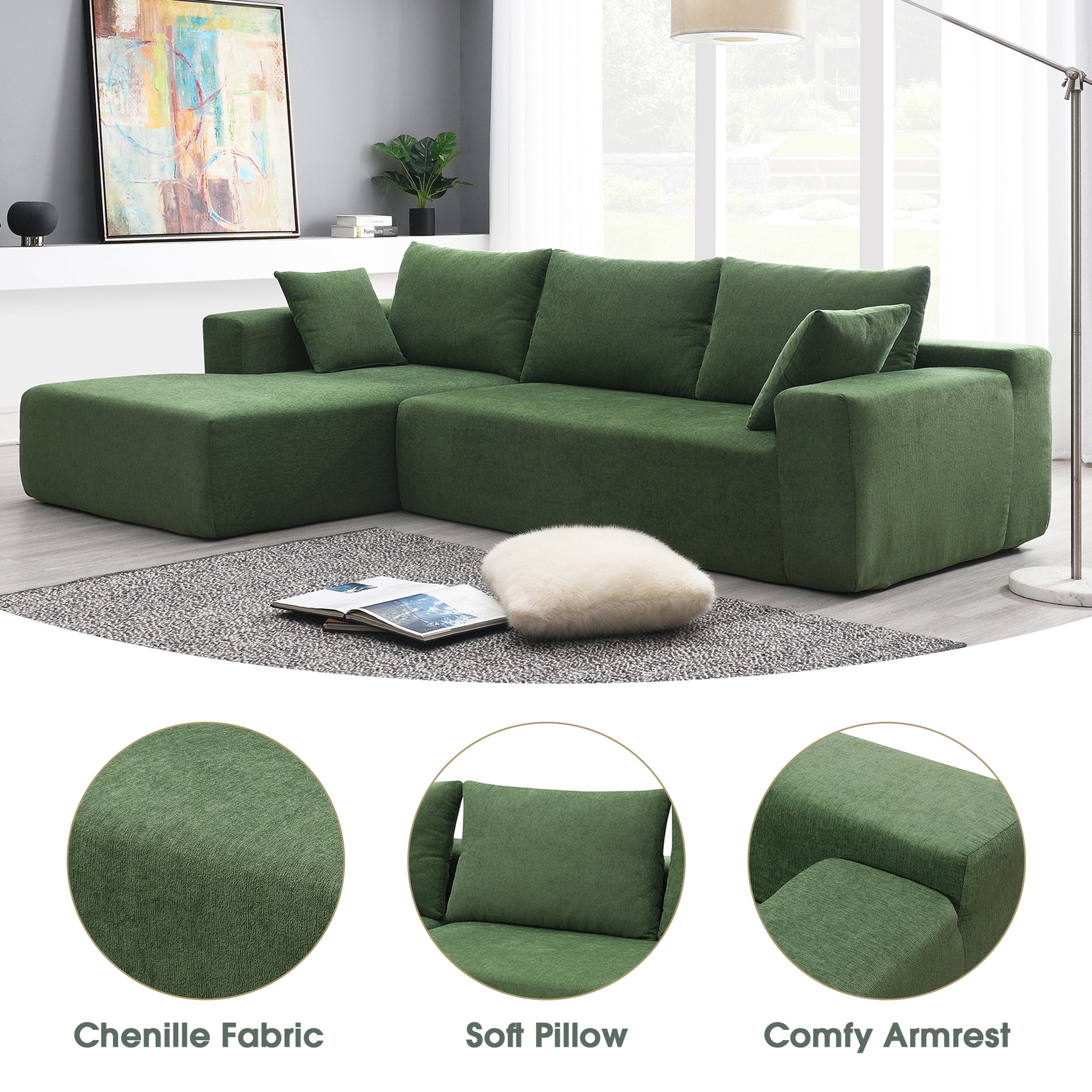 109*68" Modular Sectional Living Room Sofa Set, Modern Minimalist Style Couch, Upholstered Sleeper Sofa For Living Room, Bedroom, Salon, 2 Pc Free Combination, L Shape, Green Green Foam Chenille 4 Seat