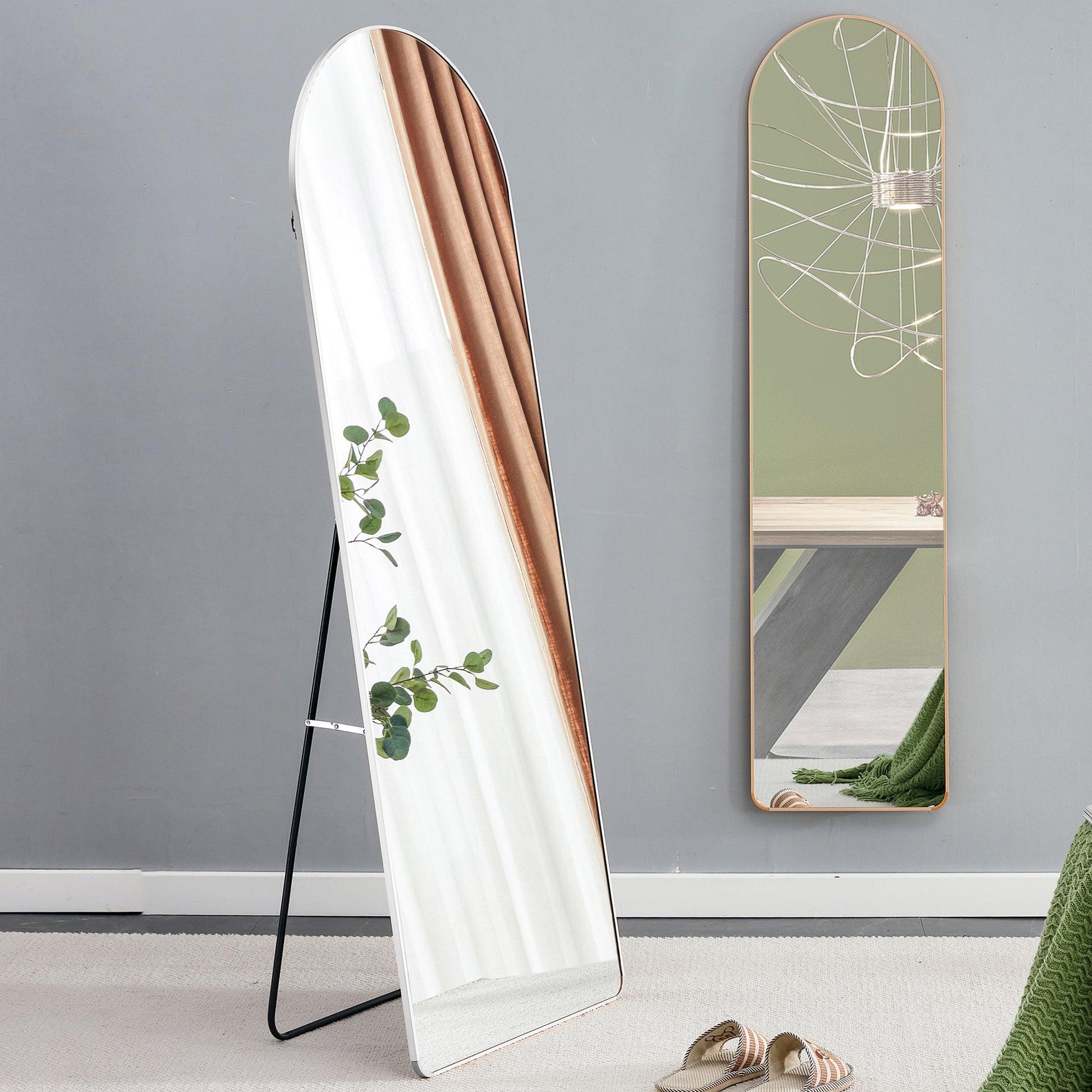 4Rd Generation Silver Aluminum Alloy Metal Frame Arched Wall Mirror, Bathroom Makeup Mirror, Decorative Mirror, Clothing Store, Floor Standing Large Mirror, Wall Mounted. 65 "* 23"W1151125606 Silver Glass