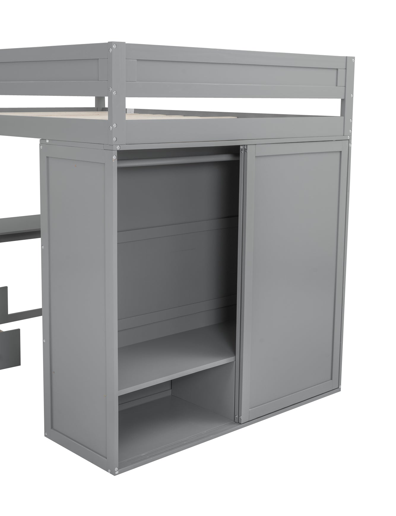 Wood Full Size Loft Bed With Wardrobes And 2 Drawer Desk With Cabinet, Gray Gray Solid Wood Mdf