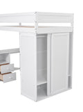 Wood Twin Size Loft Bed With Wardrobes And 2 Drawer Desk With Cabinet, White White Solid Wood Mdf