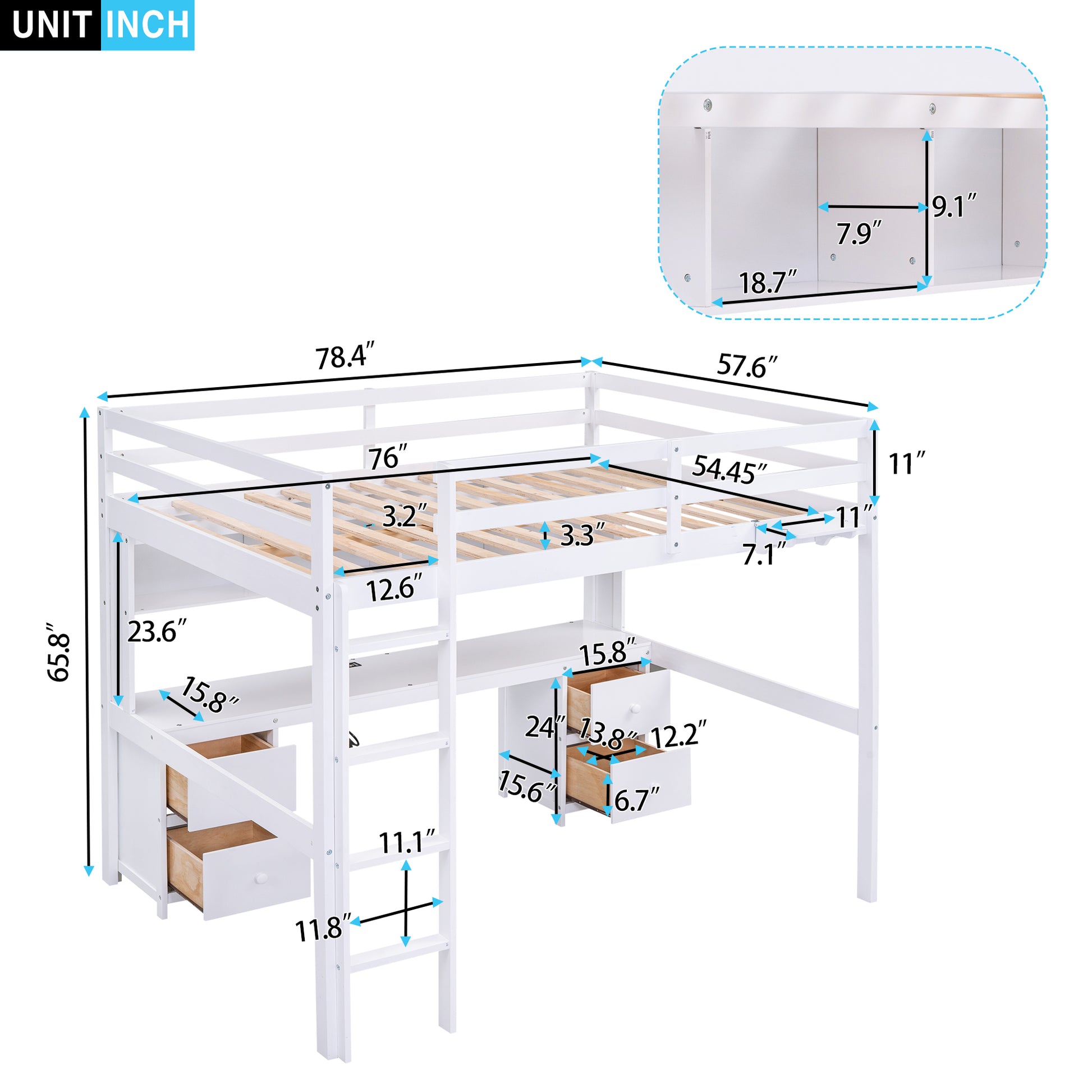 Full Size Loft Bed With Desk, Cabinets, Drawers And Bedside Tray, Charging Station, White White Solid Wood Mdf