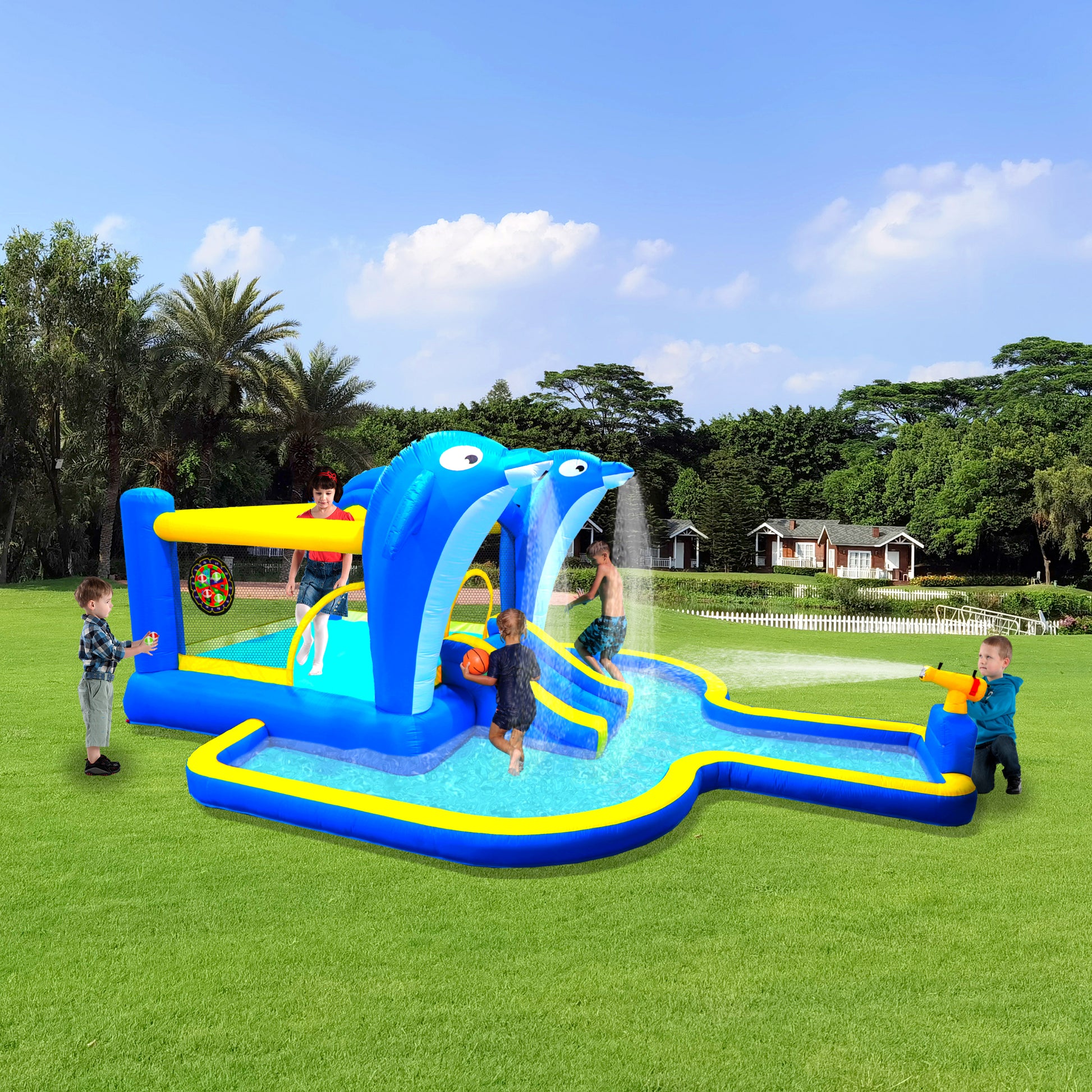 6 In1 Inflatable Slide Water Park Trampoline Bouncing House Outdoor Garden With Dolphin Sprinkler & Target Games & Water& Basketball Multicolor Oxford Fabric