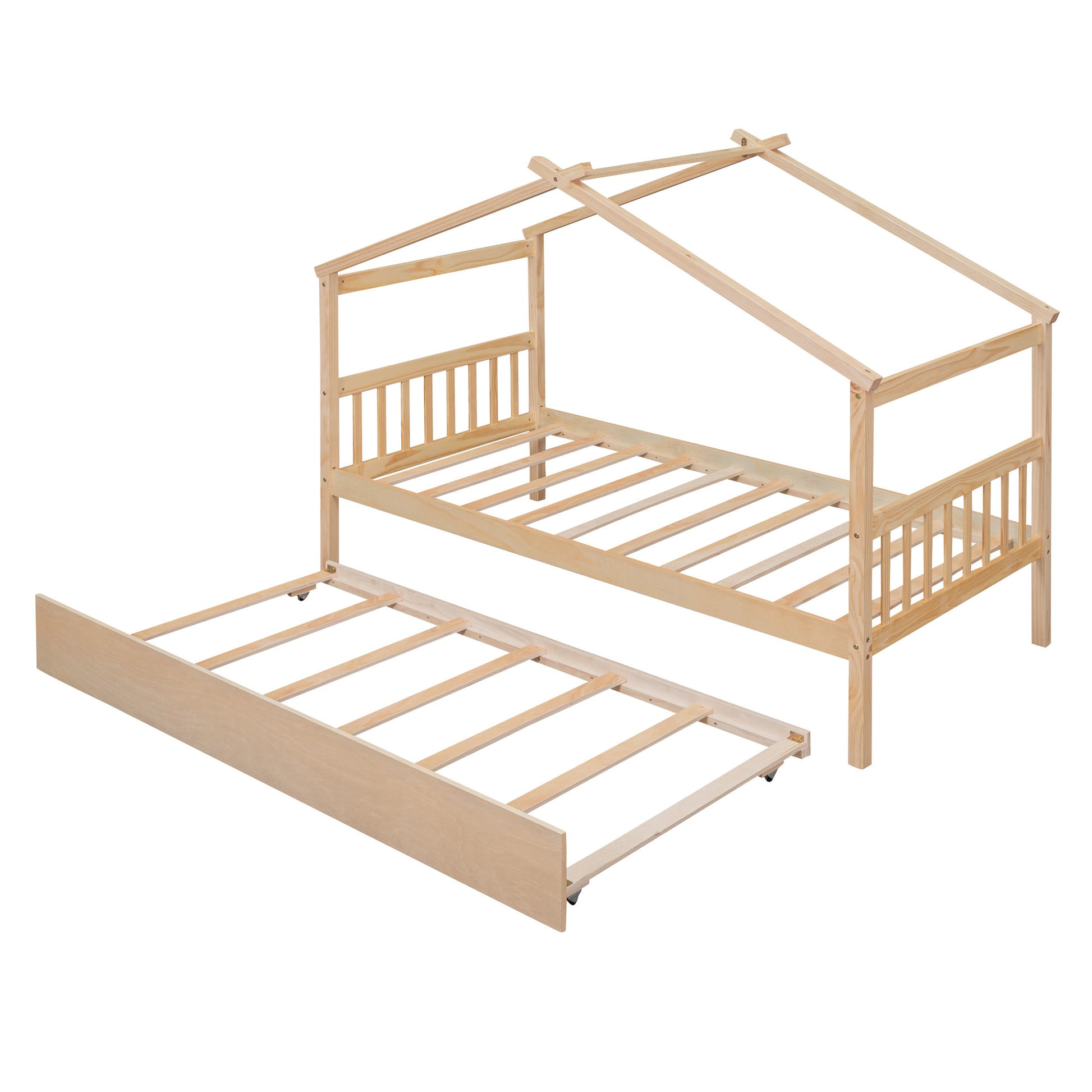 Twin Size Wooden House Bed With Twin Size Trundle, Natural Natural Solid Wood