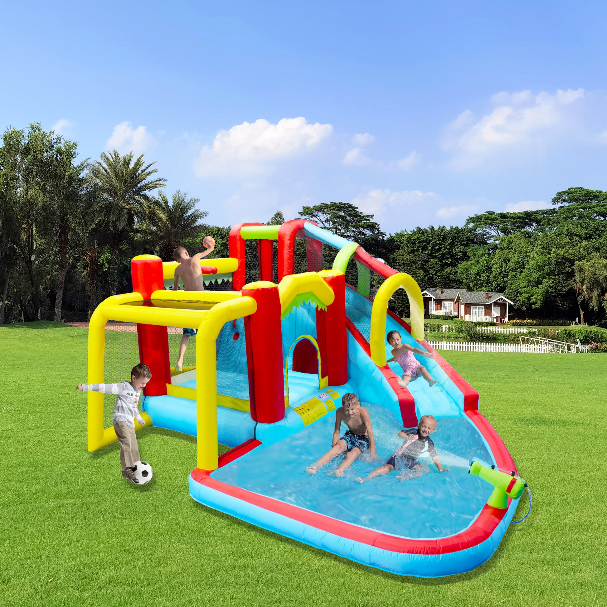 7 In1 Inflatable Slide Water Park Bouncing House Outdoor Soccer Garden Bouncer With Splash Pool & Water& Climbing Wall & Basketball & Football Multicolor Oxford Fabric