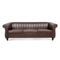 83.46'' Brown Pu Rolled Arm Chesterfield Three Seater Sofa. Dark Brown Pu