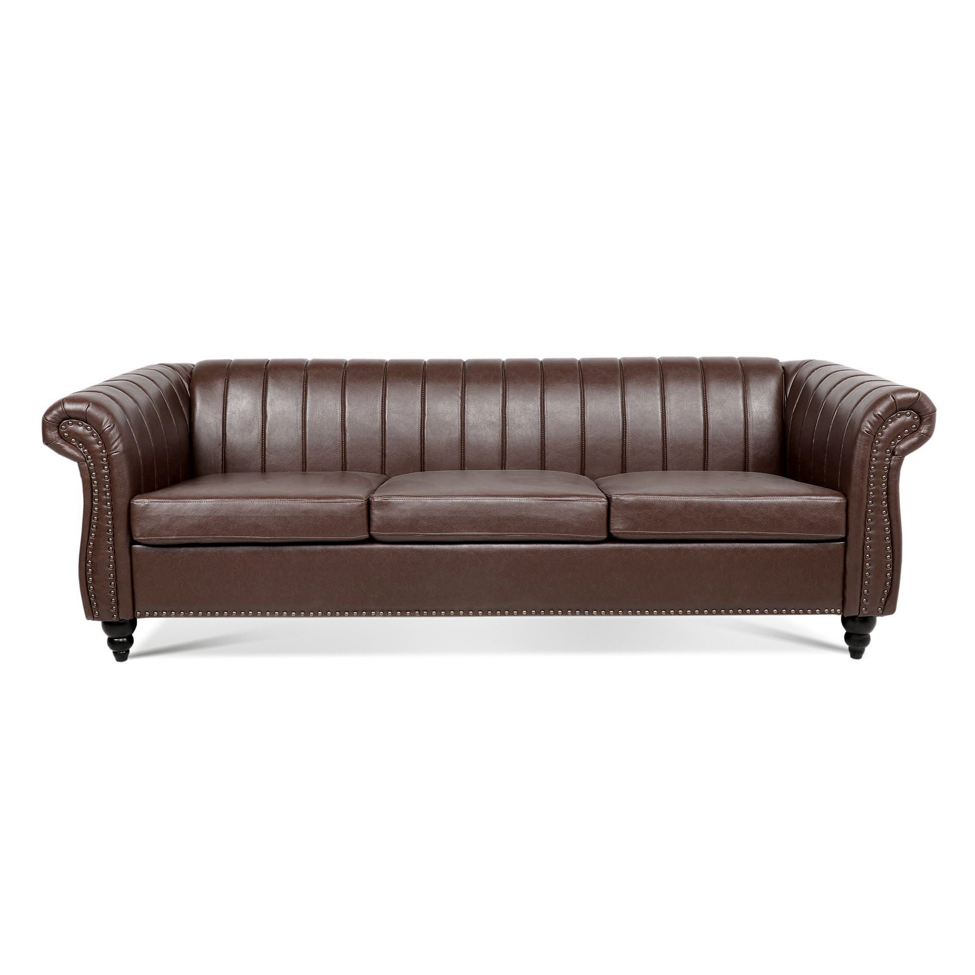 83.46'' Brown Pu Rolled Arm Chesterfield Three Seater Sofa. Dark Brown Pu