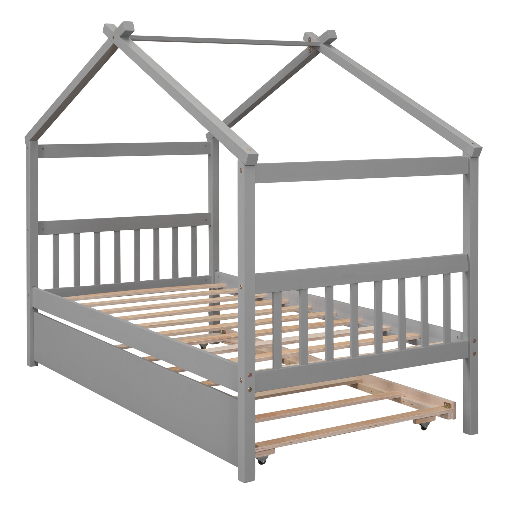 Twin Size Wooden House Bed With Twin Size Trundle, Gray Gray Solid Wood