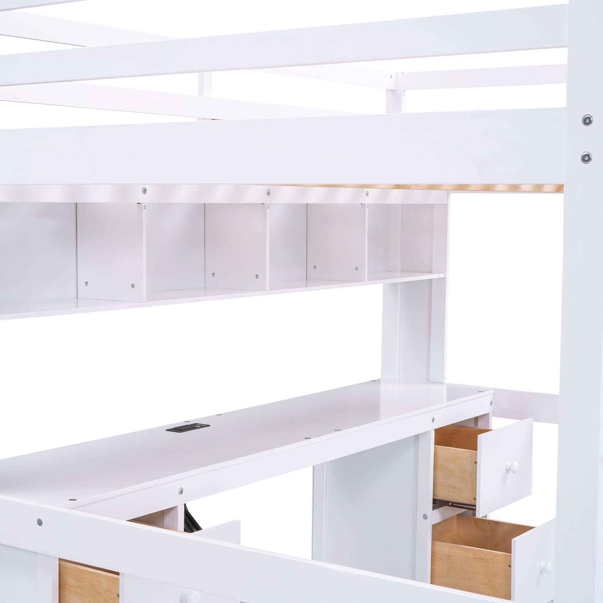 Full Size Loft Bed With Desk, Cabinets, Drawers And Bedside Tray, Charging Station, White White Solid Wood Mdf