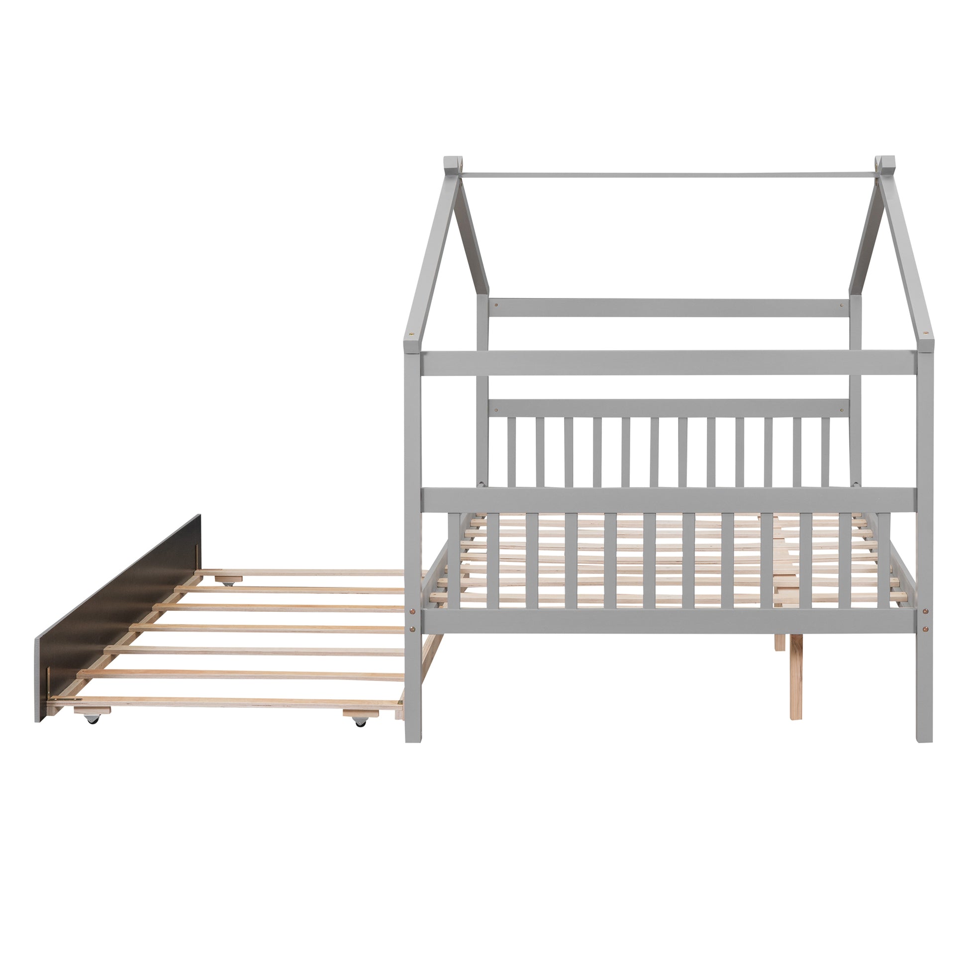 Full Size Wooden House Bed With Twin Size Trundle, Gray Gray Solid Wood
