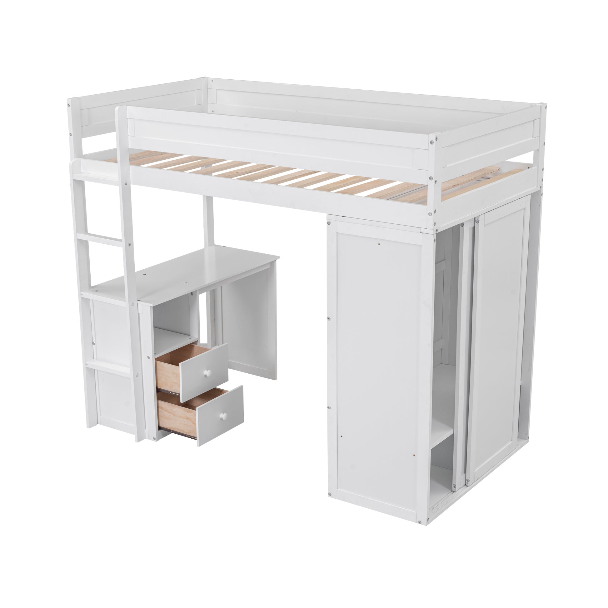 Wood Twin Size Loft Bed With Wardrobes And 2 Drawer Desk With Cabinet, White White Solid Wood Mdf