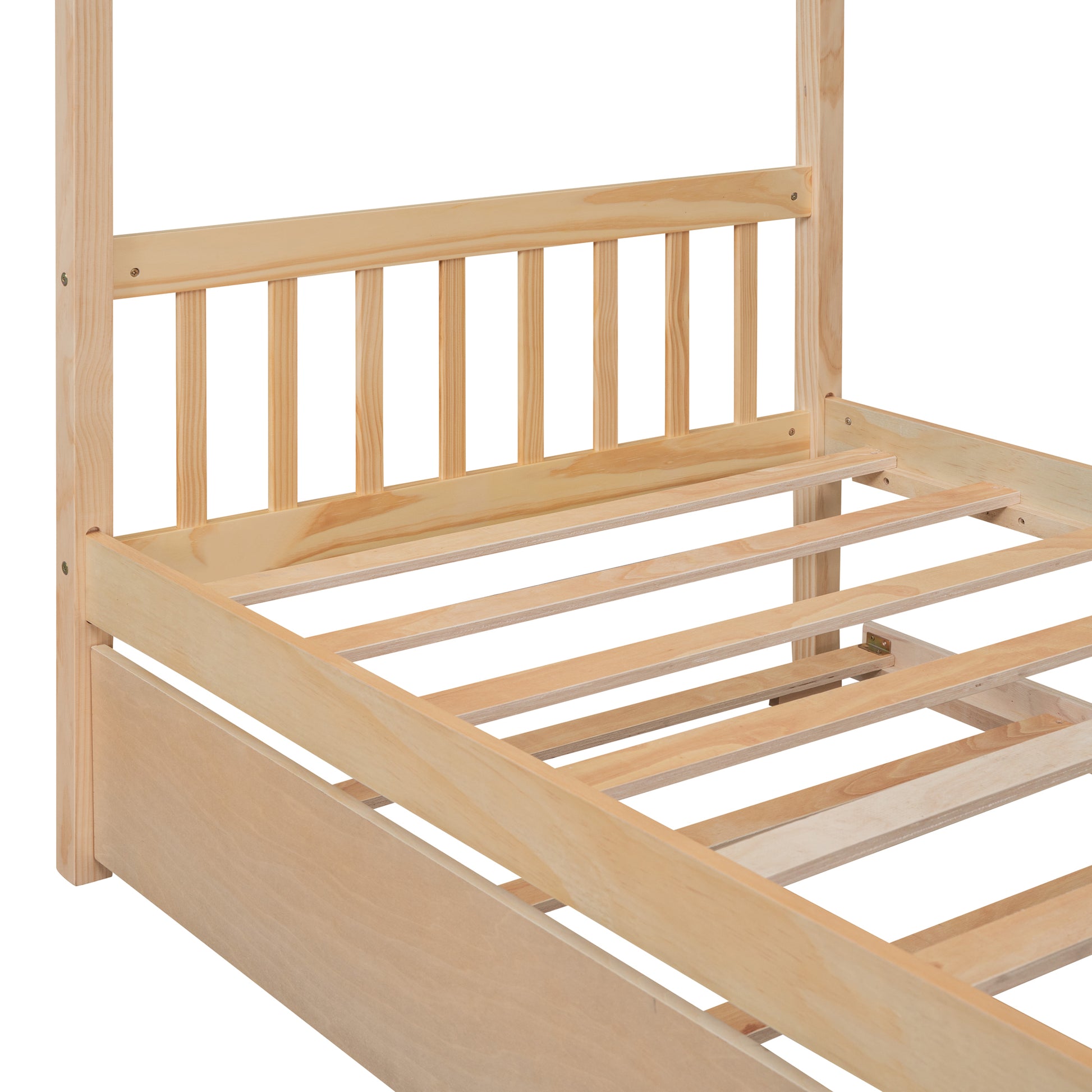 Twin Size Wooden House Bed With Twin Size Trundle, Natural Natural Solid Wood