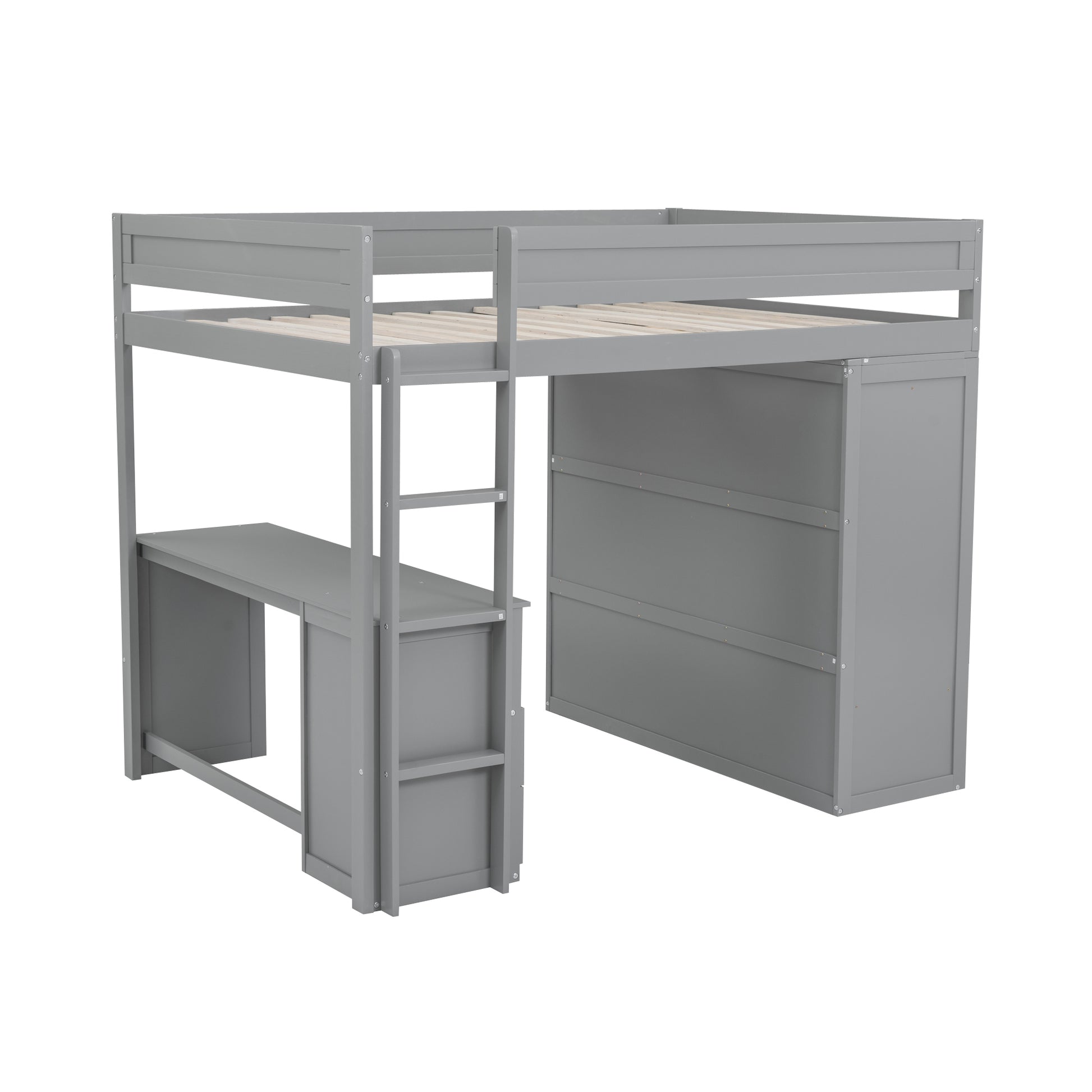 Wood Full Size Loft Bed With Wardrobes And 2 Drawer Desk With Cabinet, Gray Gray Solid Wood Mdf