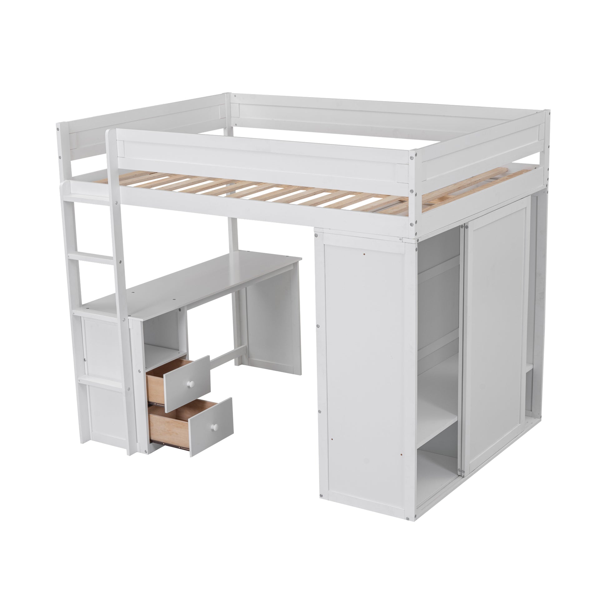 Wood Full Size Loft Bed With Wardrobes And 2 Drawer Desk With Cabinet, White White Solid Wood Mdf