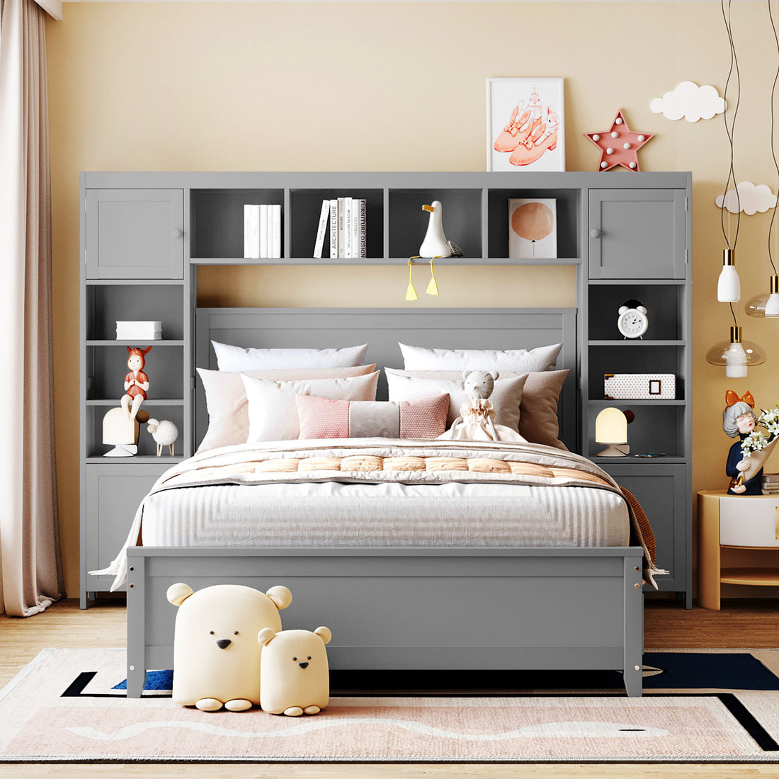 Full Size Wooden Bed With All In One Cabinet And Shelf, Gray Full Gray Solid Wood