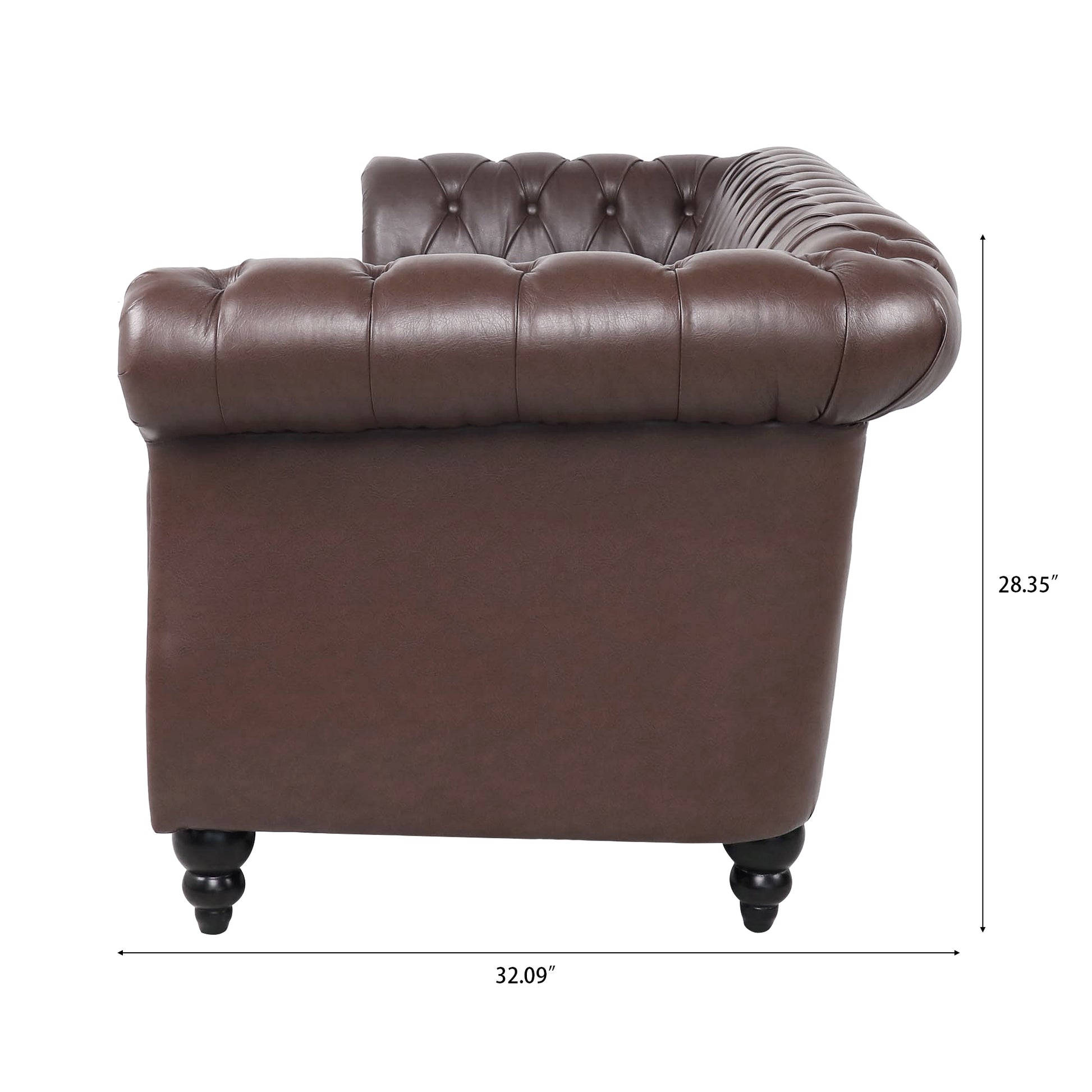 84.65" Dark Brown Pu Rolled Arm Chesterfield Three Seater Sofa. Dark Brown Foam Pu