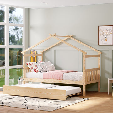 Twin Size Wooden House Bed With Twin Size Trundle, Natural Natural Solid Wood