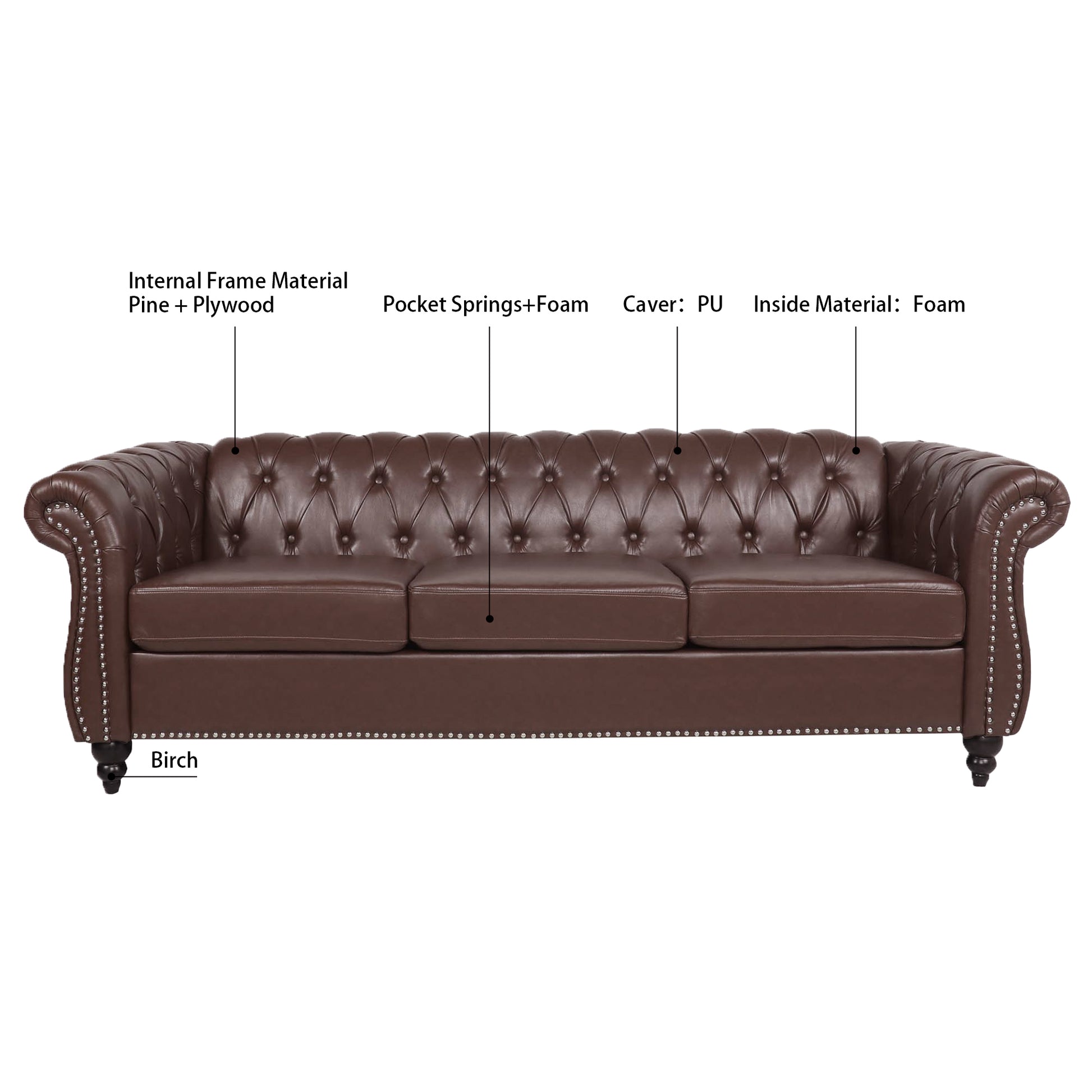 84.65" Dark Brown Pu Rolled Arm Chesterfield Three Seater Sofa. Dark Brown Foam Pu