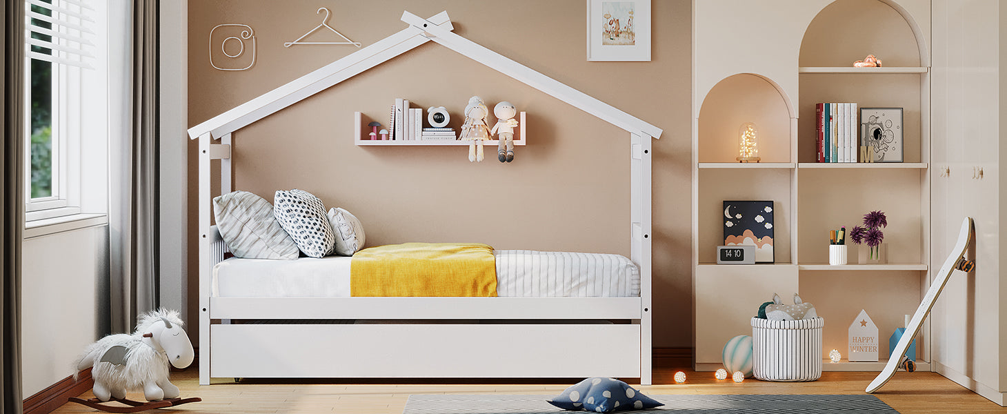 Twin Size Wooden House Bed With Twin Size Trundle, White White Solid Wood