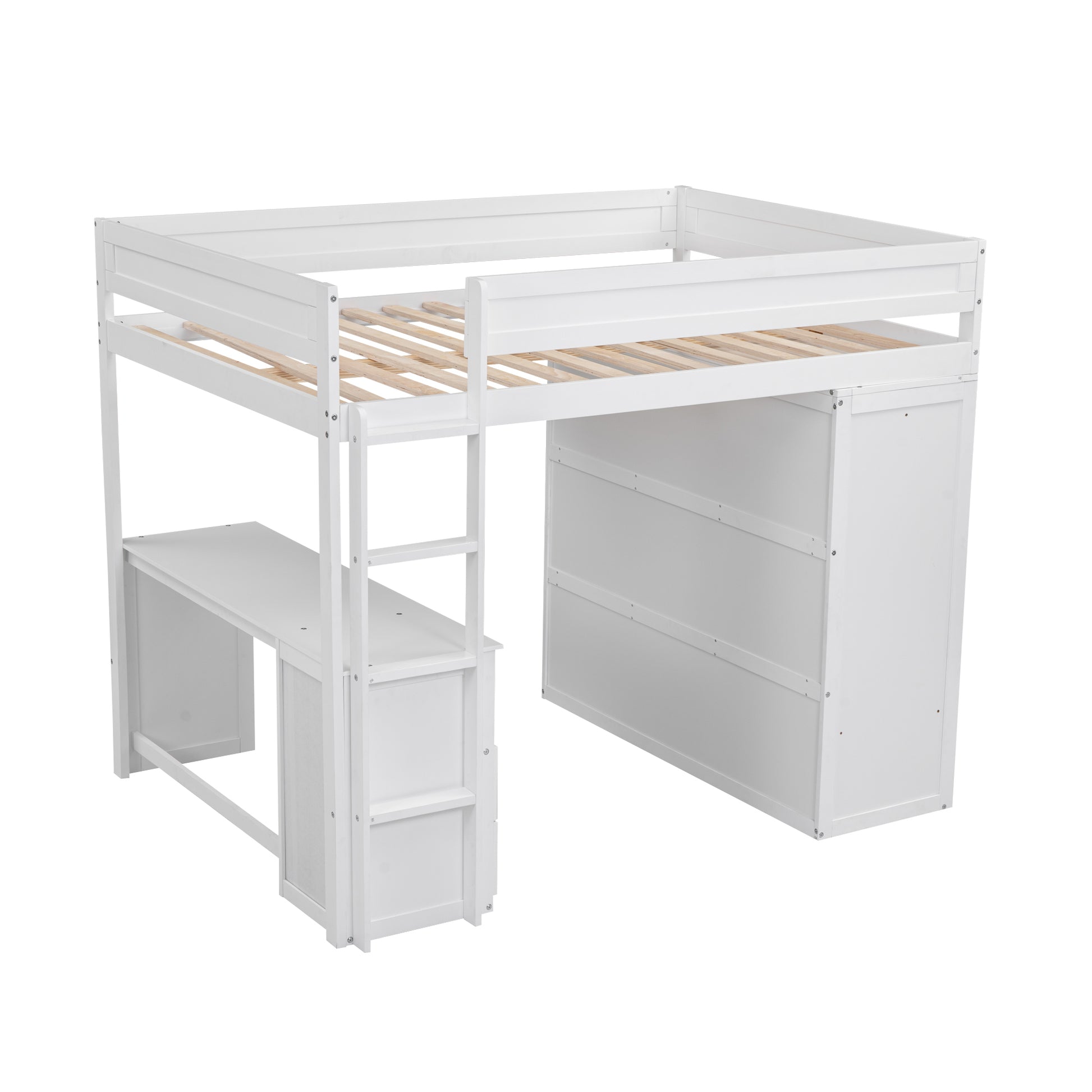 Wood Full Size Loft Bed With Wardrobes And 2 Drawer Desk With Cabinet, White White Solid Wood Mdf