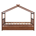 Twin Size Wooden House Bed With Twin Size Trundle, Walnut Walnut Solid Wood