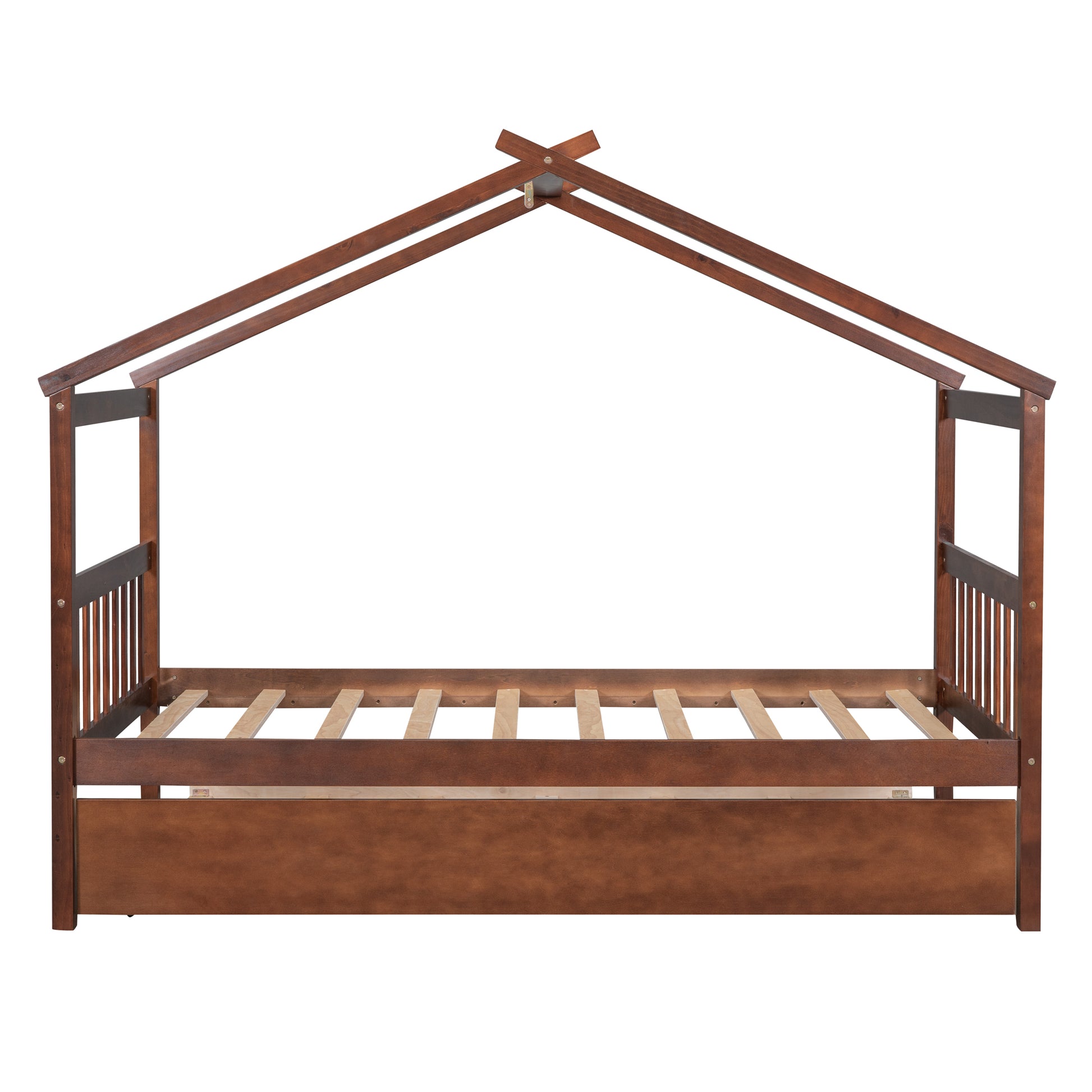 Twin Size Wooden House Bed With Twin Size Trundle, Walnut Walnut Solid Wood