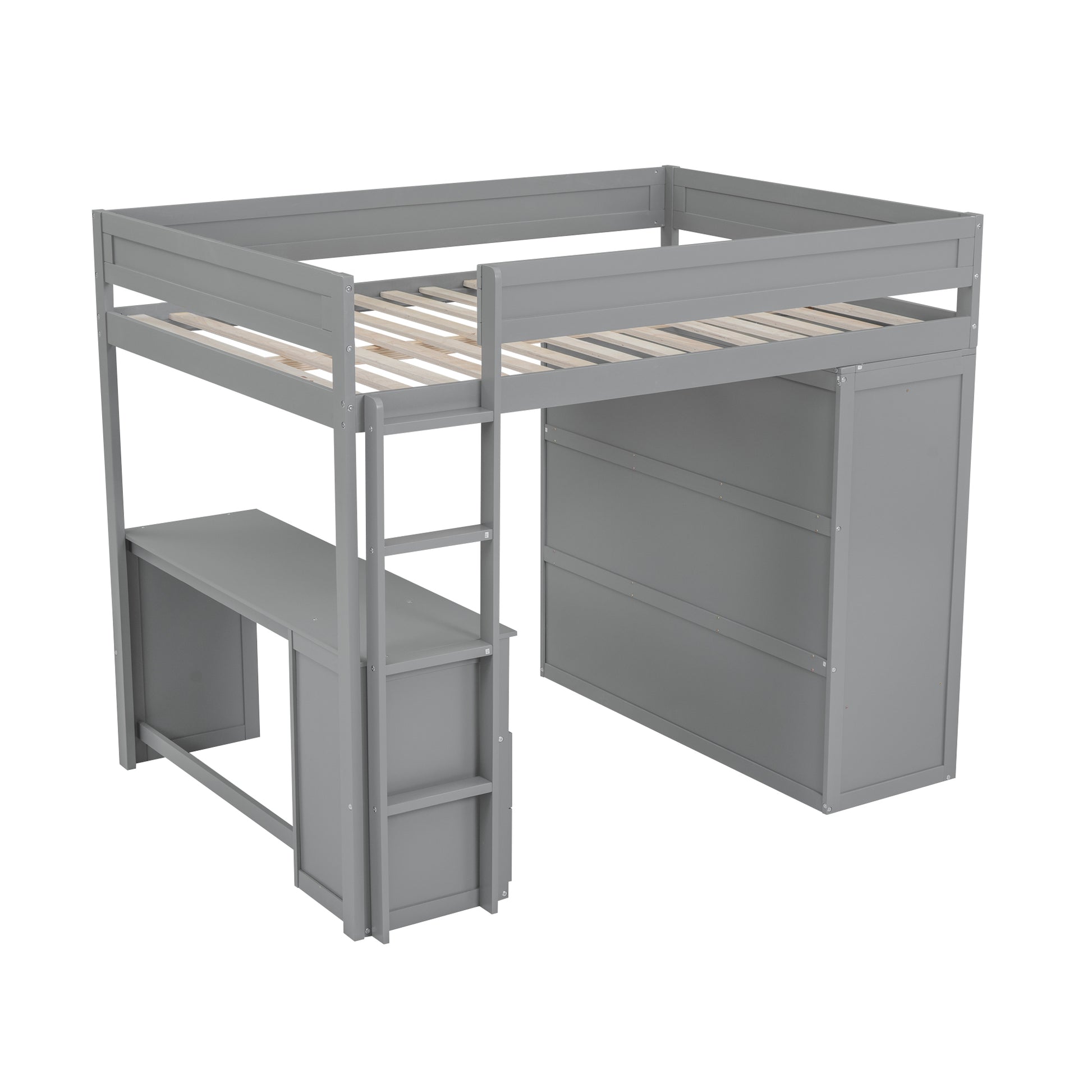 Wood Full Size Loft Bed With Wardrobes And 2 Drawer Desk With Cabinet, Gray Gray Solid Wood Mdf