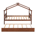 Twin Size Wooden House Bed With Twin Size Trundle, Walnut Walnut Solid Wood