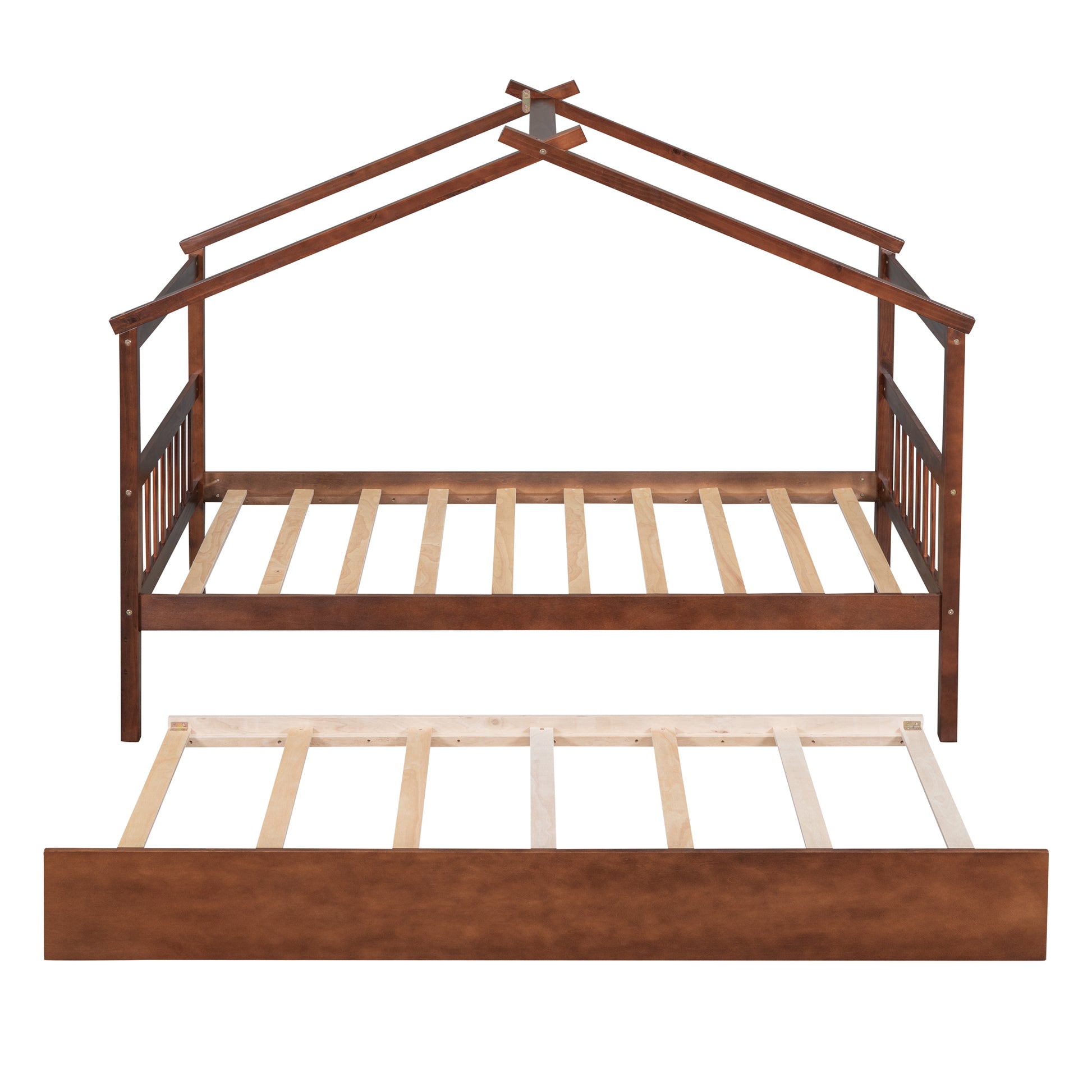 Twin Size Wooden House Bed With Twin Size Trundle, Walnut Walnut Solid Wood