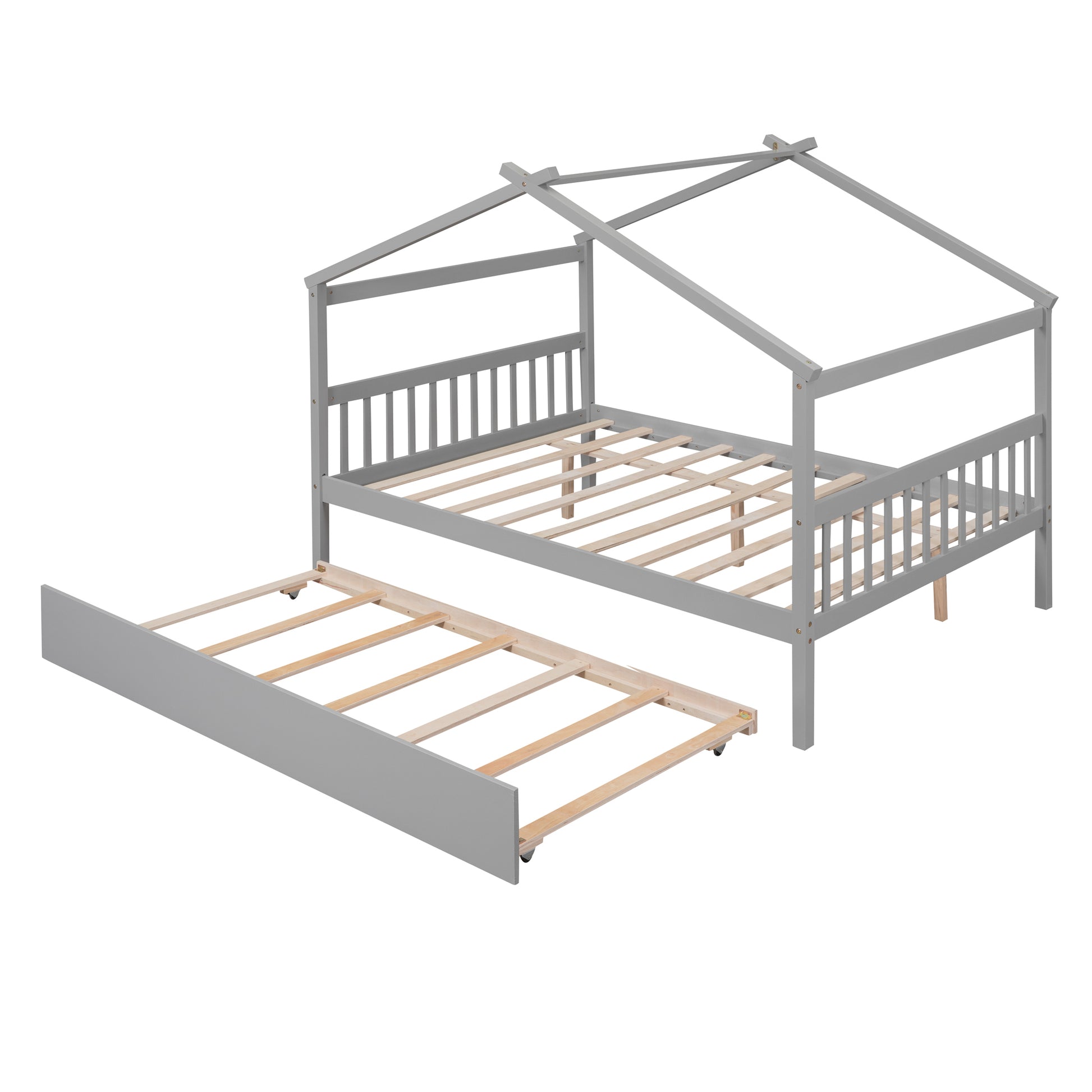 Full Size Wooden House Bed With Twin Size Trundle, Gray Gray Solid Wood