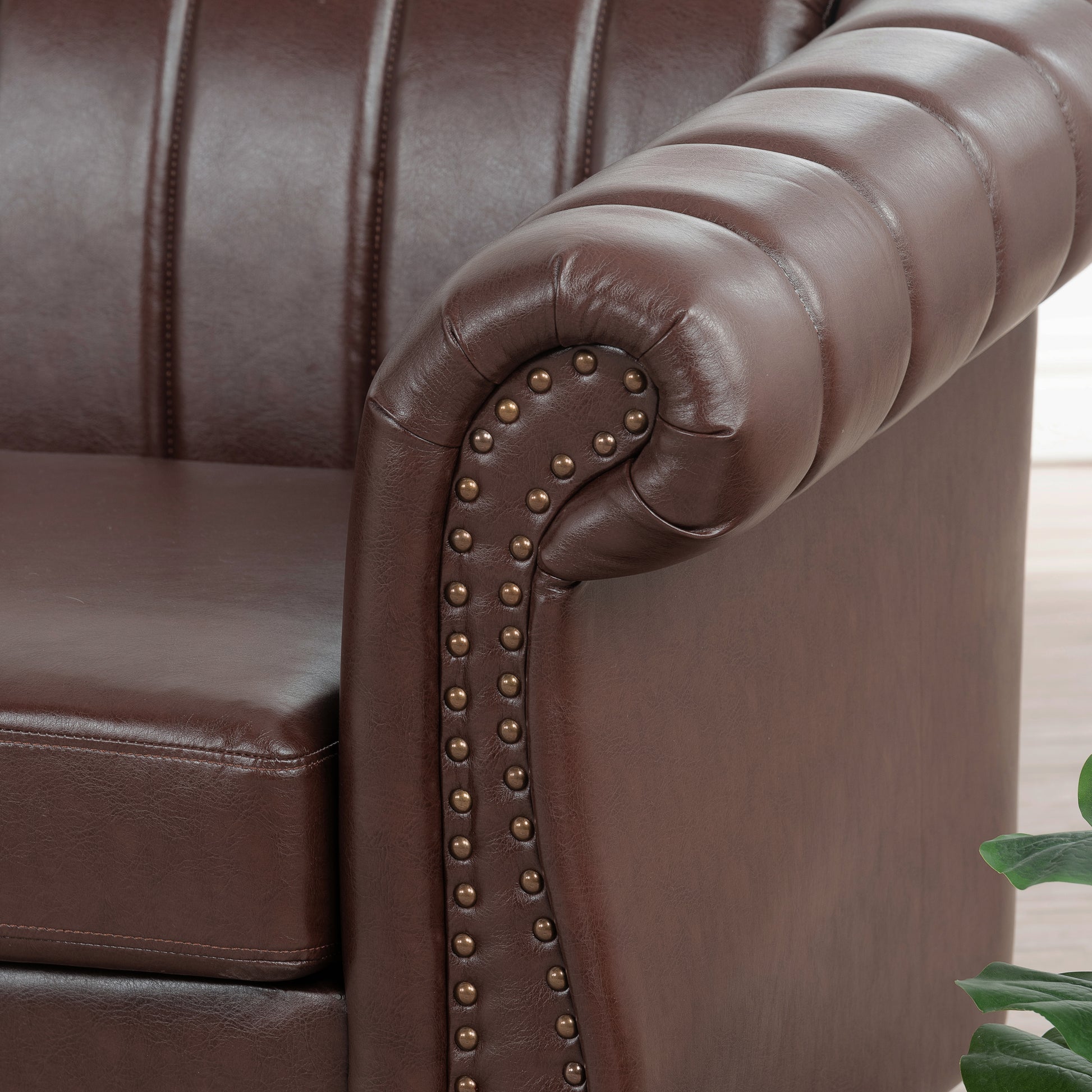 83.46'' Brown Pu Rolled Arm Chesterfield Three Seater Sofa. Dark Brown Pu