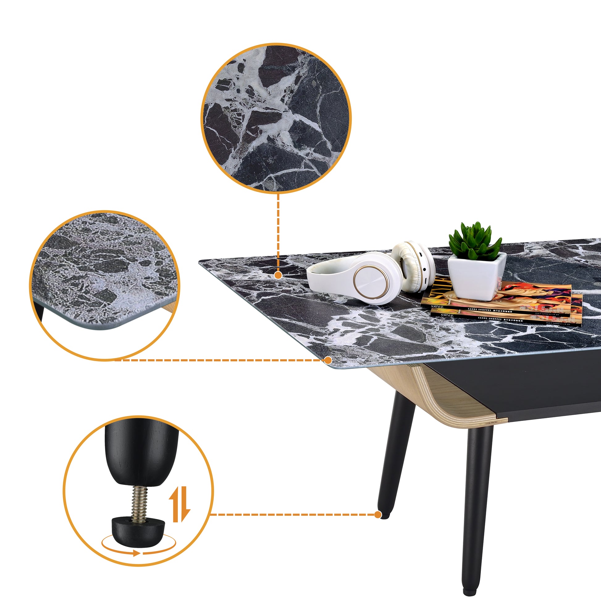 Landon 47" Coffee Table With Glass Black Marble Texture Top And Bent Wood Design Black Glass