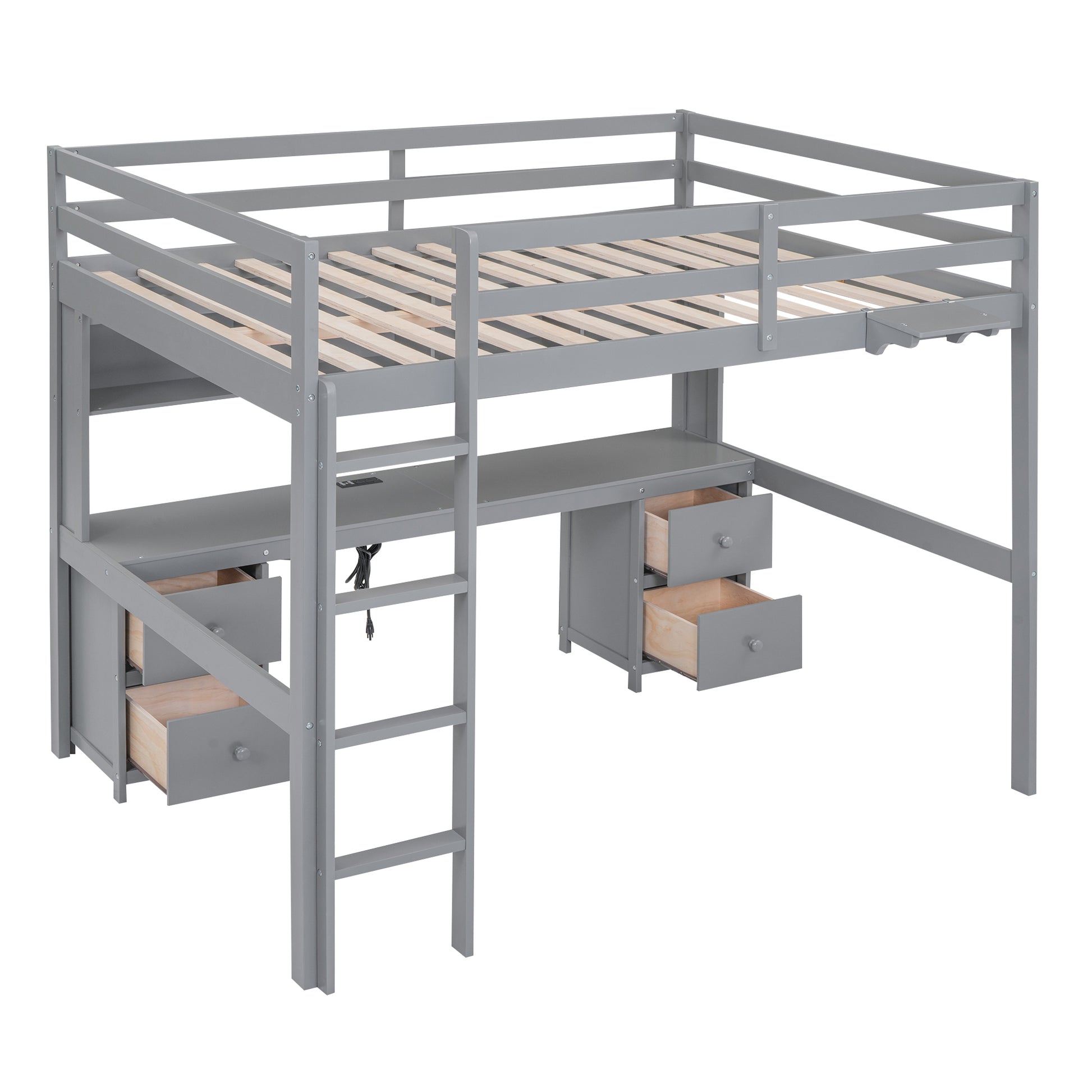 Full Size Loft Bed With Desk, Cabinets, Drawers And Bedside Tray, Charging Station, Gray Gray Solid Wood Mdf