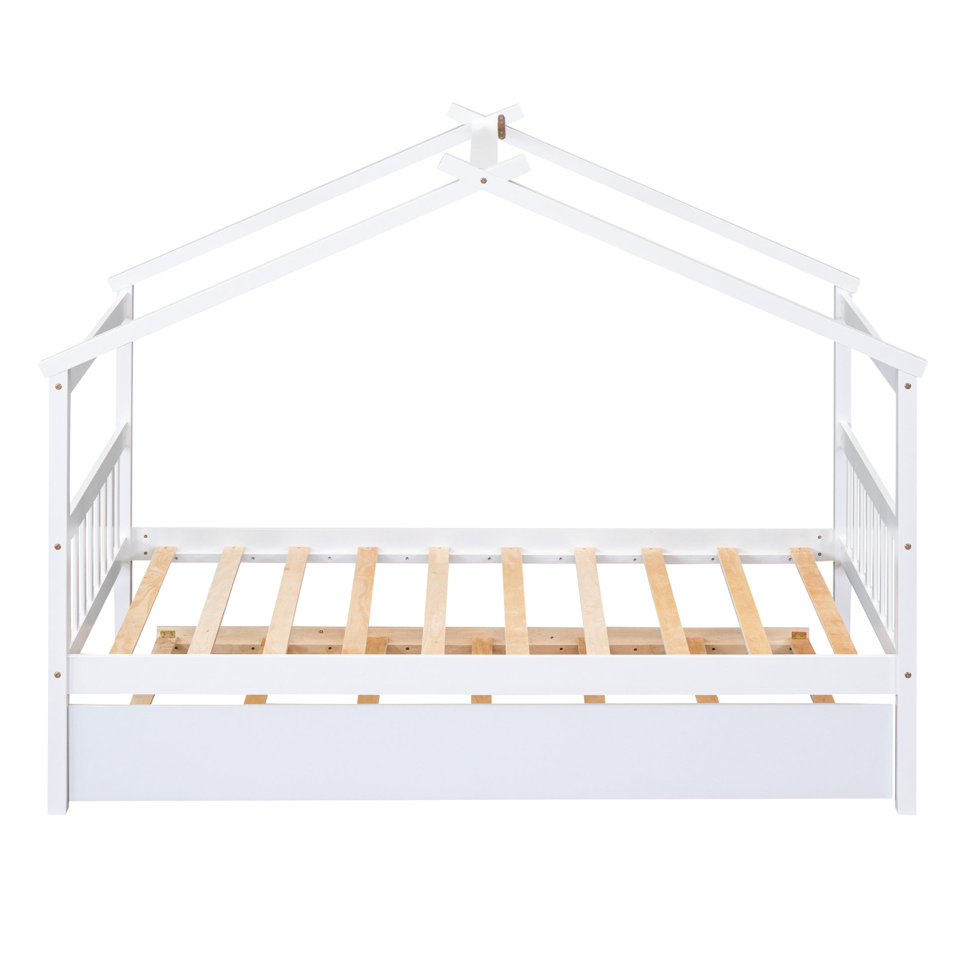 Twin Size Wooden House Bed With Twin Size Trundle, White White Solid Wood