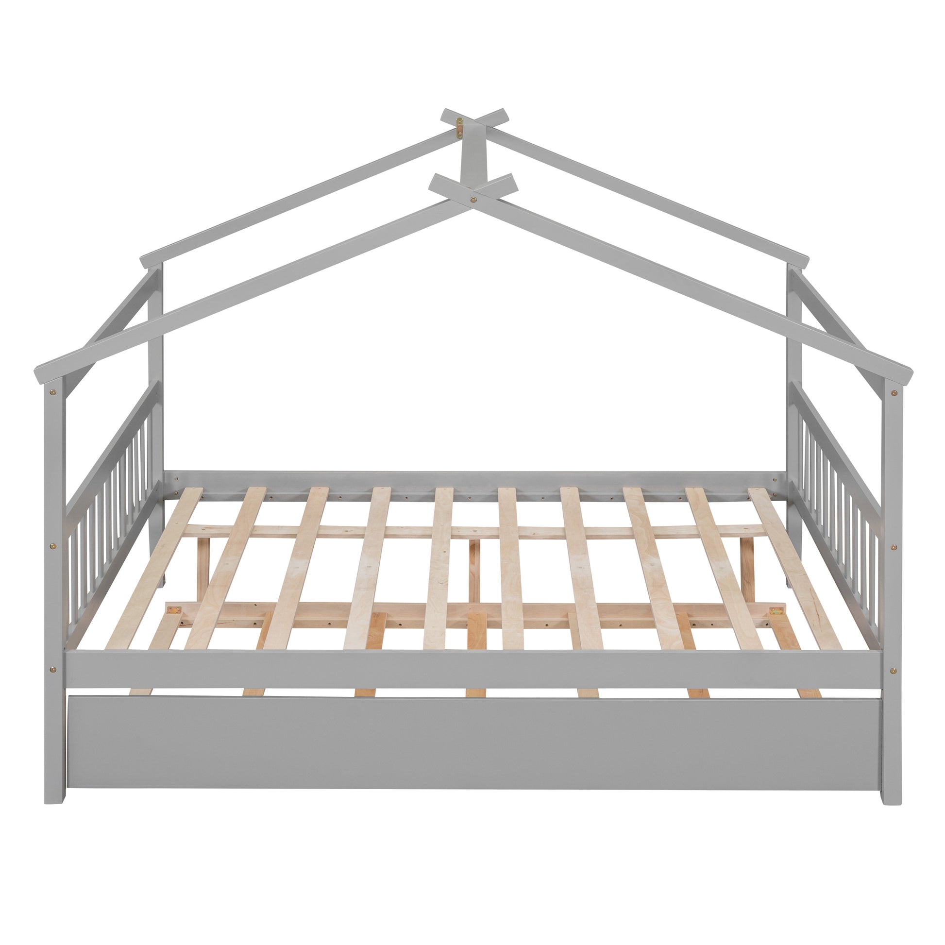 Full Size Wooden House Bed With Twin Size Trundle, Gray Gray Solid Wood
