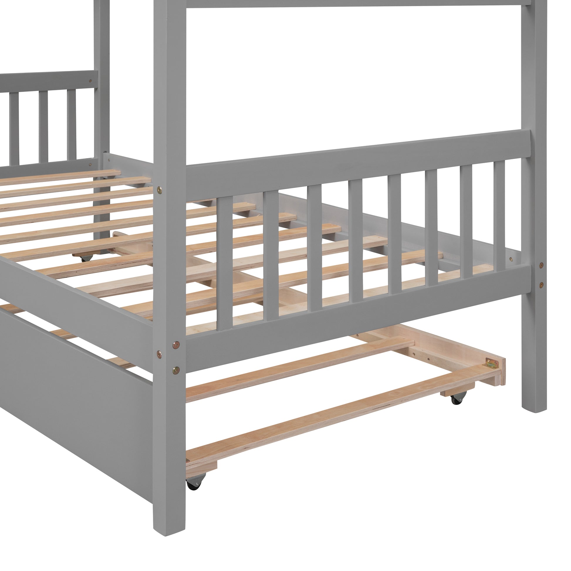 Twin Size Wooden House Bed With Twin Size Trundle, Gray Gray Solid Wood