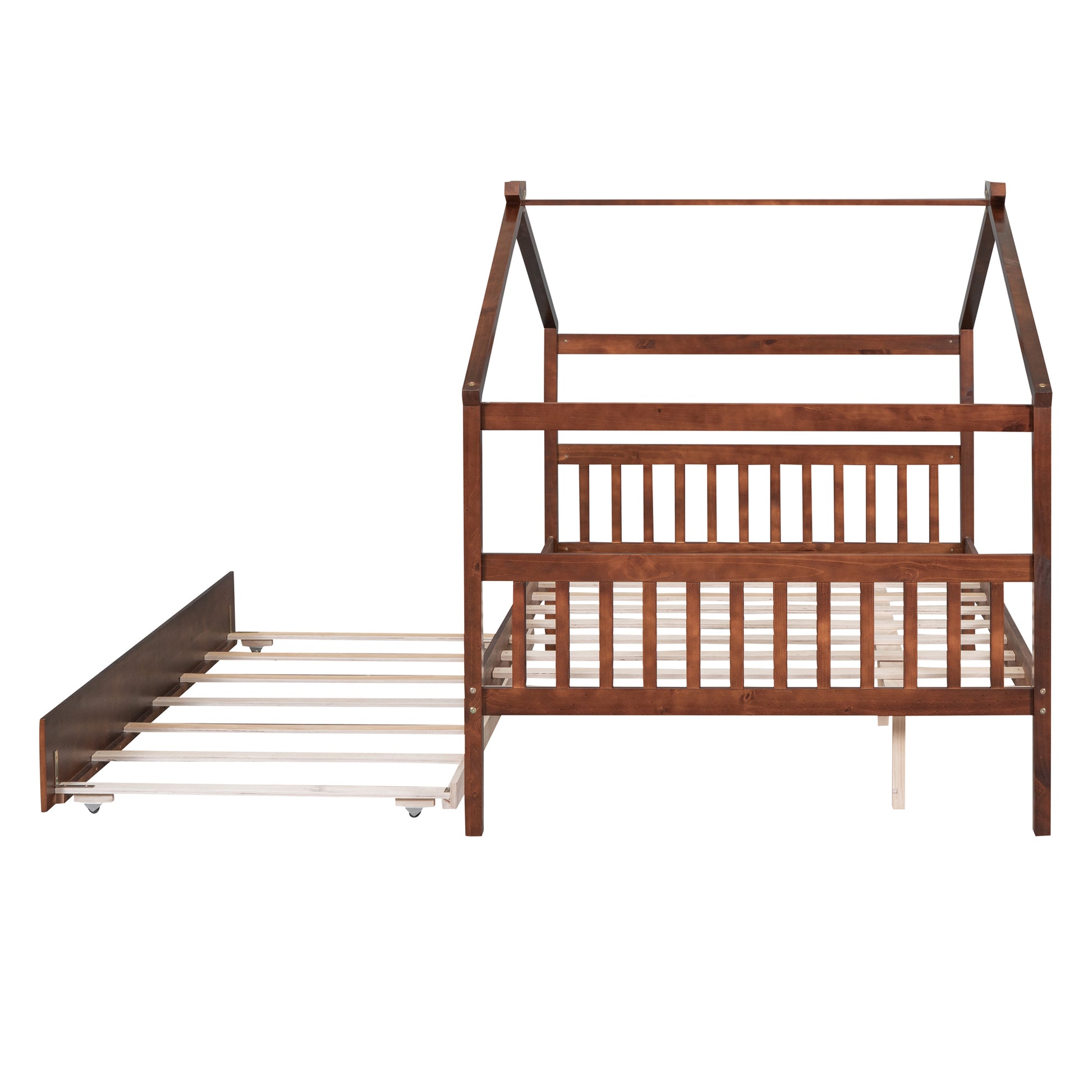 Full Size Wooden House Bed With Twin Size Trundle, Walnut Walnut Solid Wood