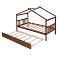 Twin Size Wooden House Bed With Twin Size Trundle, Walnut Walnut Solid Wood