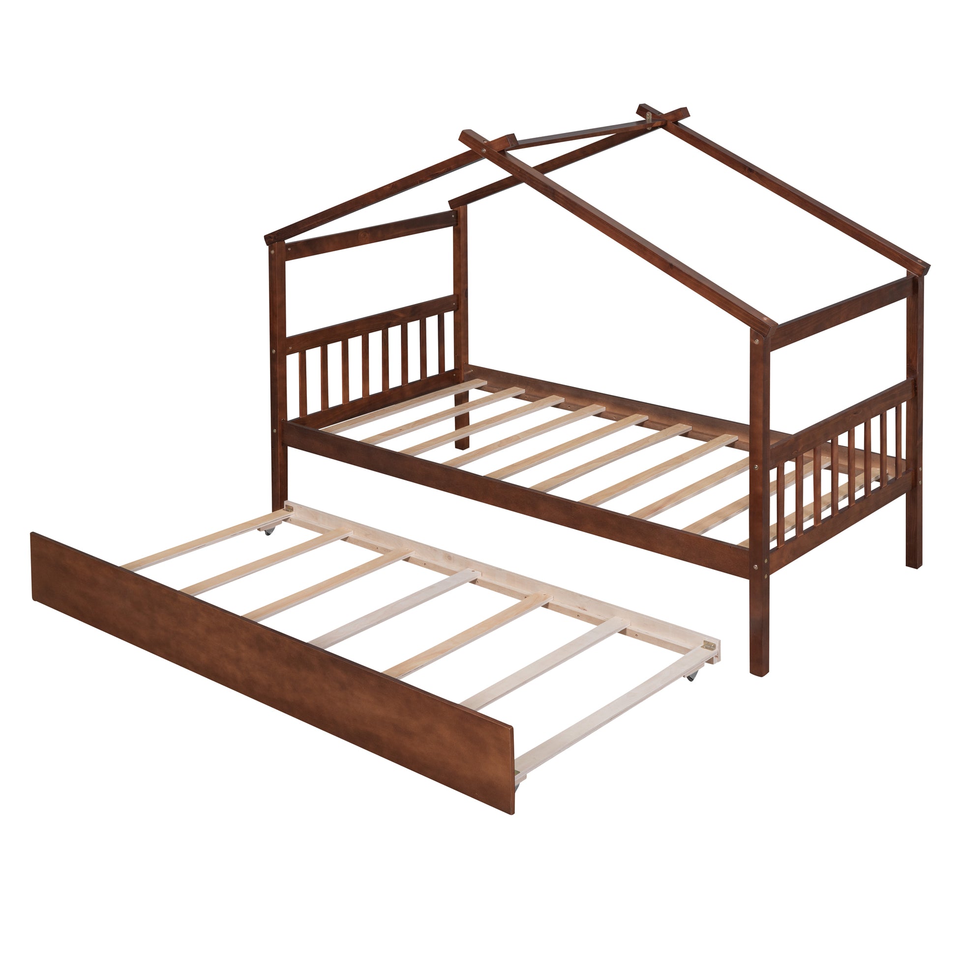 Twin Size Wooden House Bed With Twin Size Trundle, Walnut Walnut Solid Wood