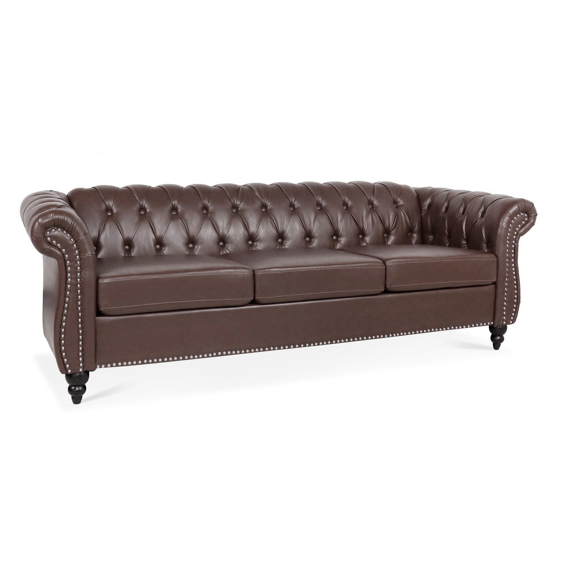 84.65" Dark Brown Pu Rolled Arm Chesterfield Three Seater Sofa. Dark Brown Foam Pu