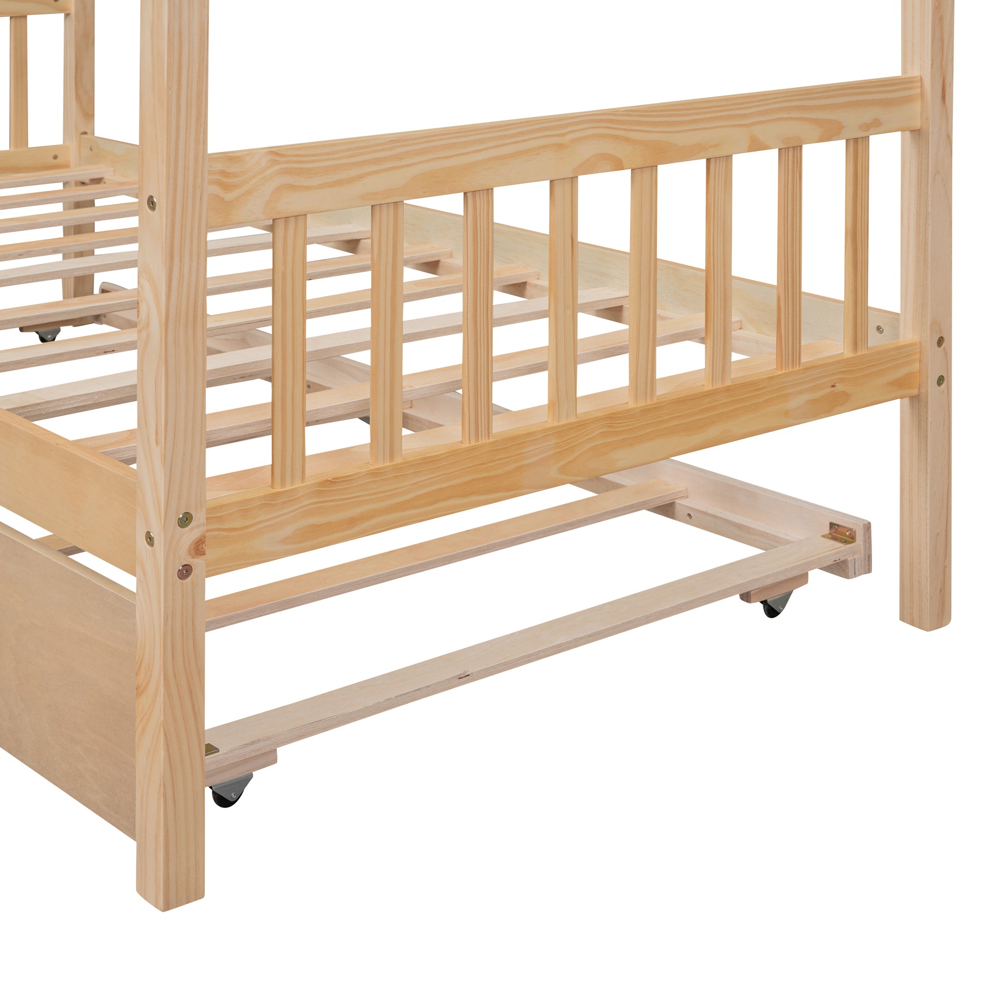 Twin Size Wooden House Bed With Twin Size Trundle, Natural Natural Solid Wood