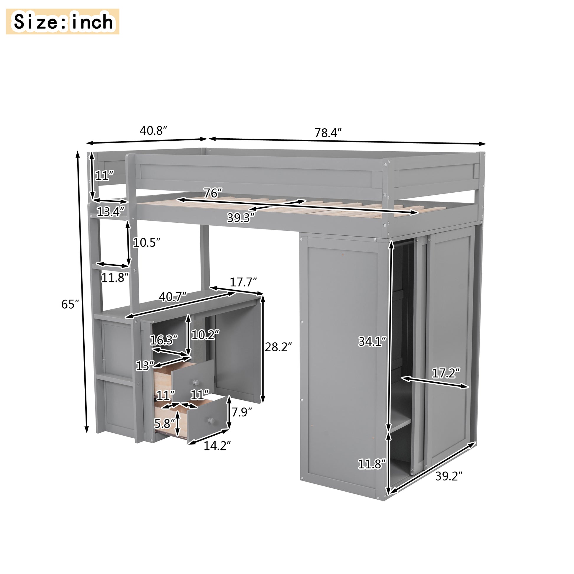 Wood Twin Size Loft Bed With Wardrobes And 2 Drawer Desk With Cabinet, Gray Gray Solid Wood Mdf