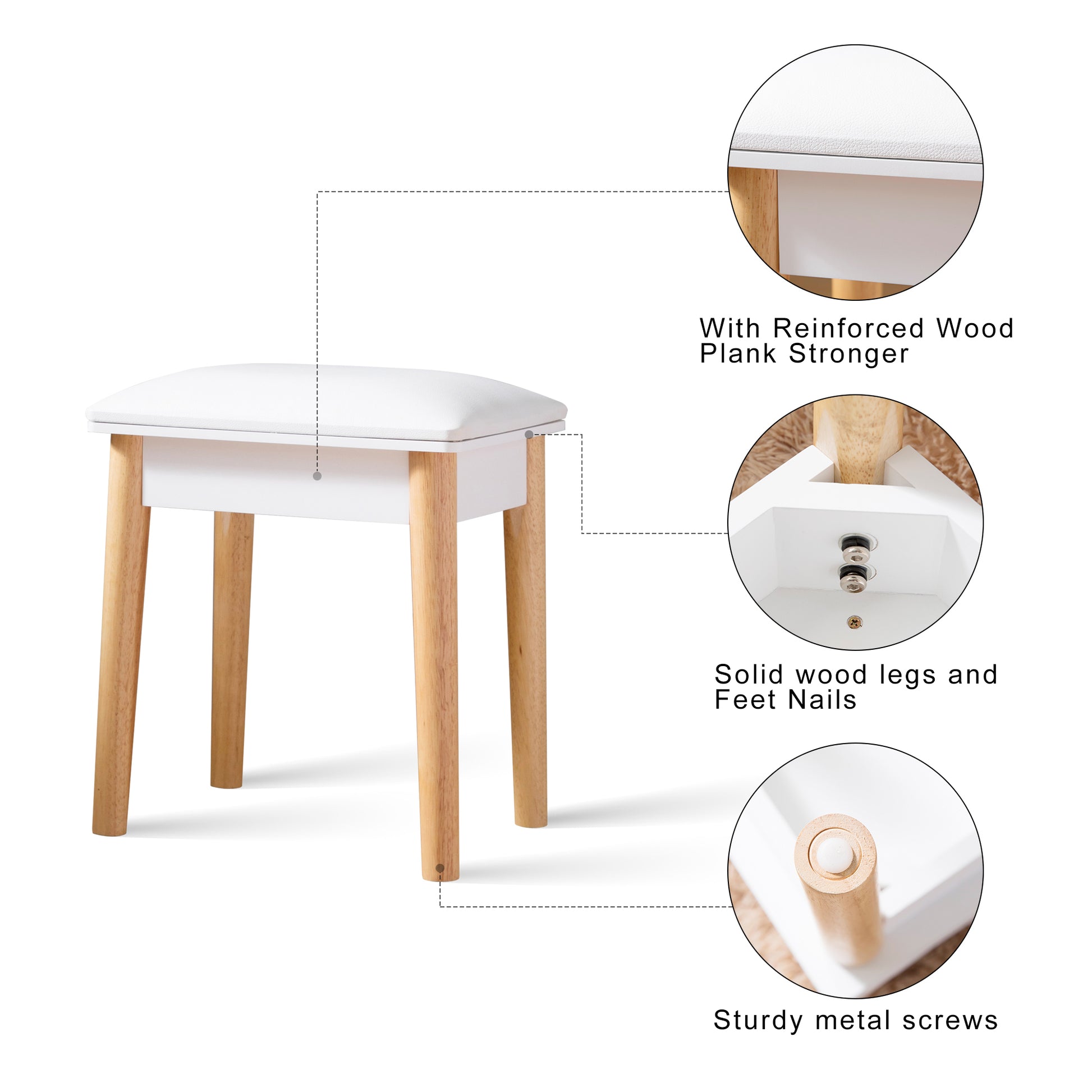 Sold Wood Vanity Table Stool,Dressing Stool For Makeup With Pu,White Finish White Solid Wood Mdf