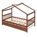 Twin Size Wooden House Bed With Twin Size Trundle, Walnut Walnut Solid Wood