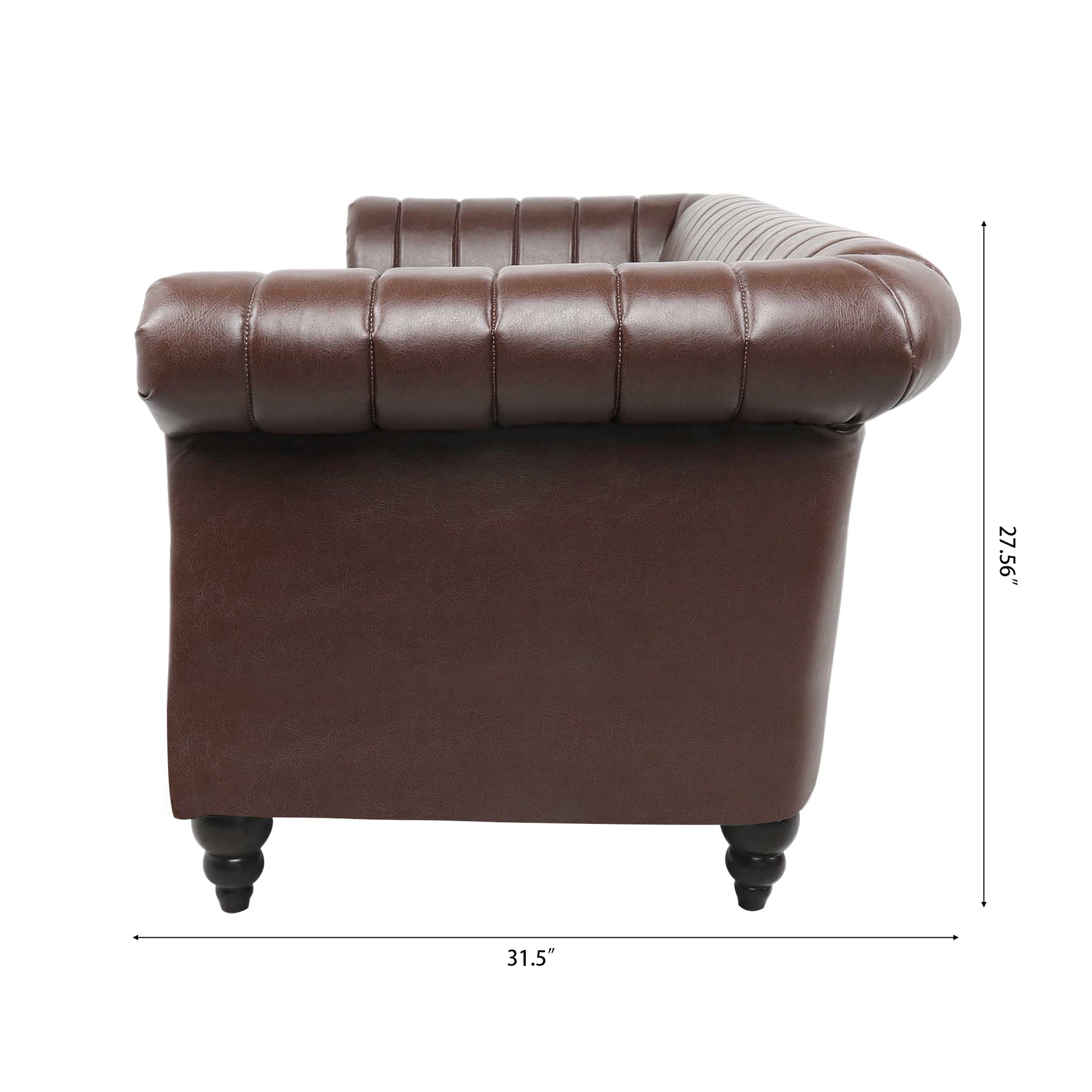 83.46'' Brown Pu Rolled Arm Chesterfield Three Seater Sofa. Dark Brown Pu