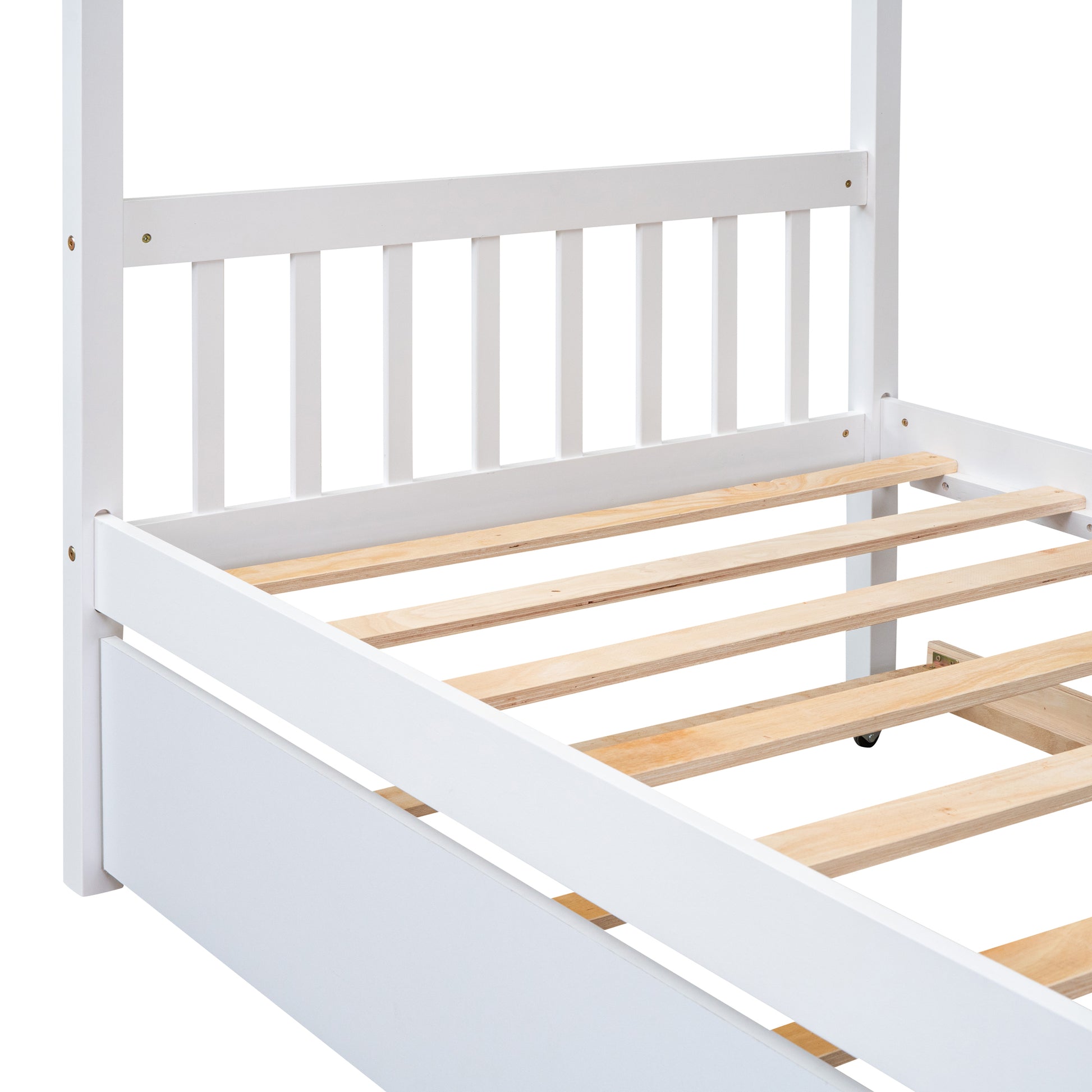 Twin Size Wooden House Bed With Twin Size Trundle, White White Solid Wood