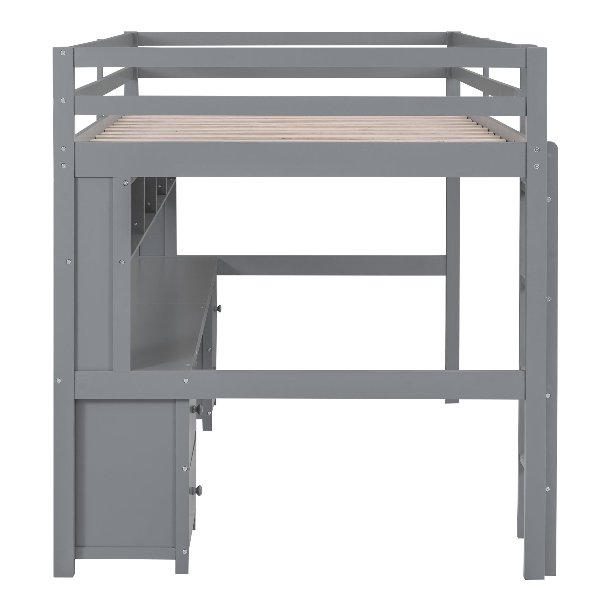 Full Size Loft Bed With Desk, Cabinets, Drawers And Bedside Tray, Charging Station, Gray Gray Solid Wood Mdf