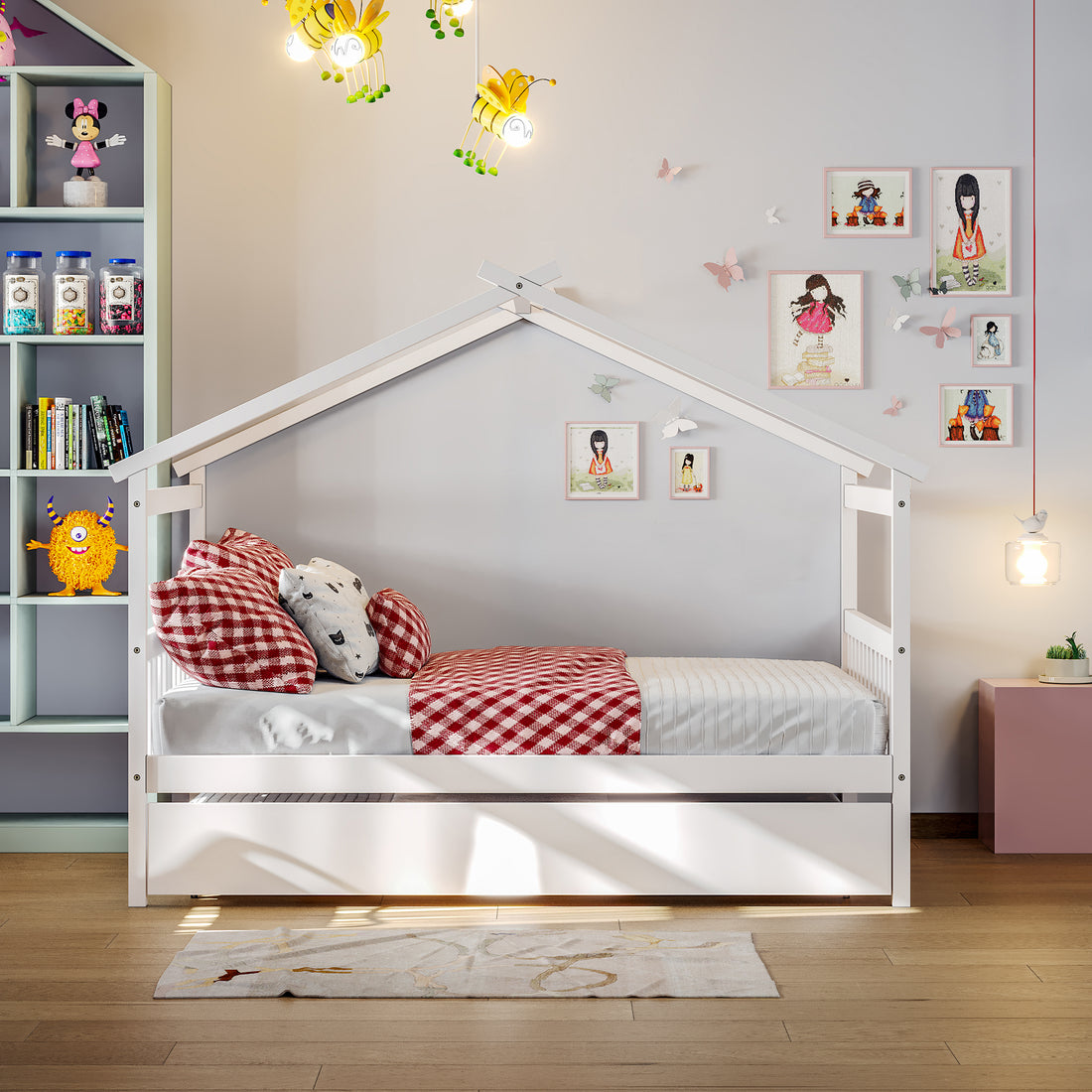 Full Size Wooden House Bed With Twin Size Trundle, White White Solid Wood