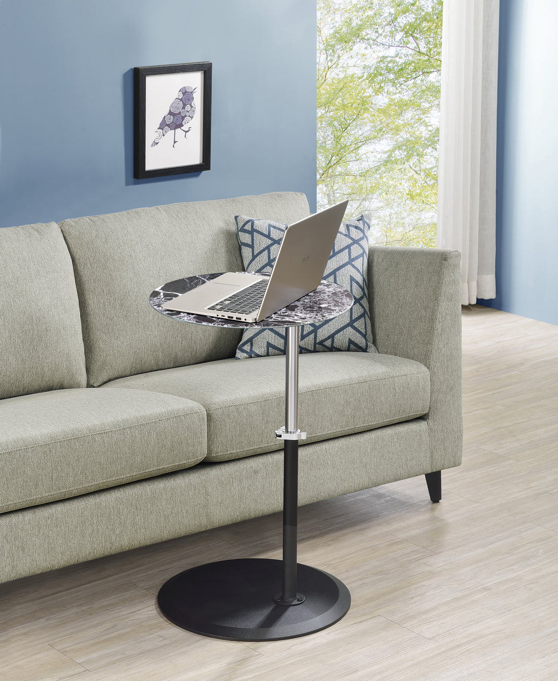 Orbit 15.5" End Table With Height Adjustable Black Marble Textured Top Black Glass