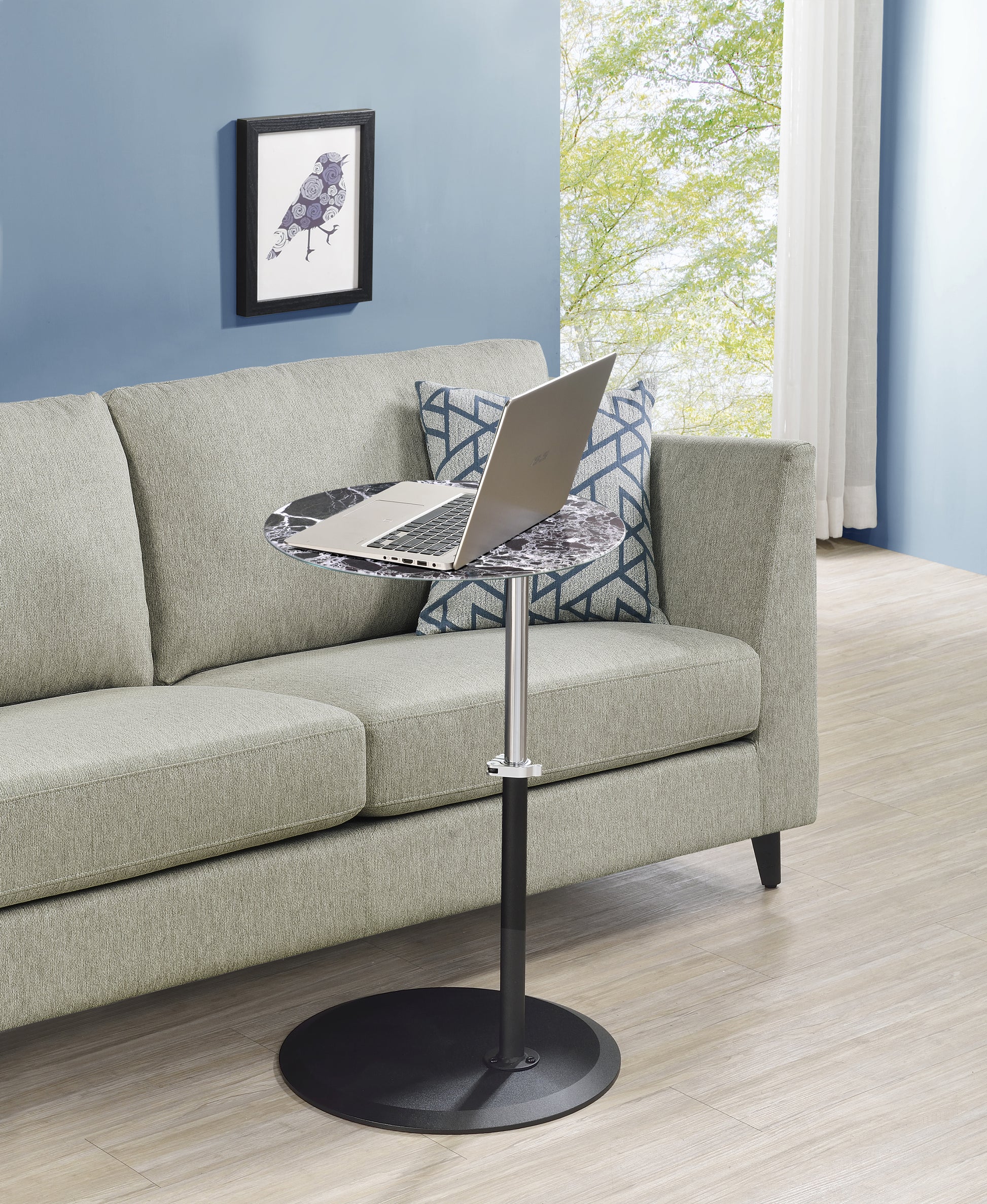 Orbit 15.5" End Table With Height Adjustable Black Marble Textured Top Black Glass