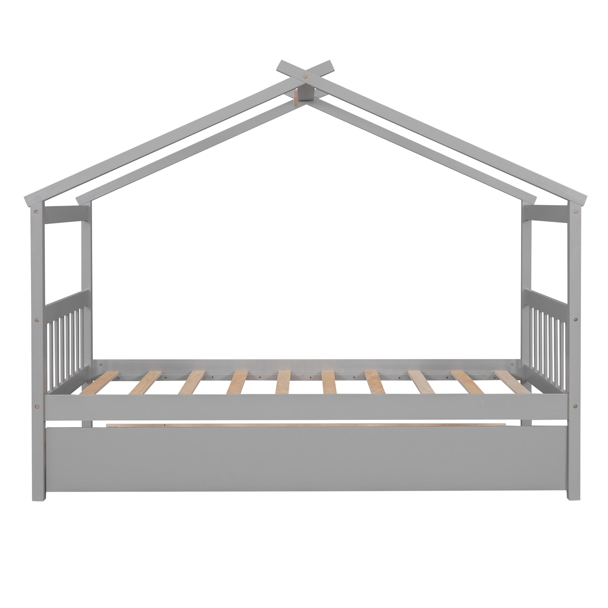 Twin Size Wooden House Bed With Twin Size Trundle, Gray Gray Solid Wood